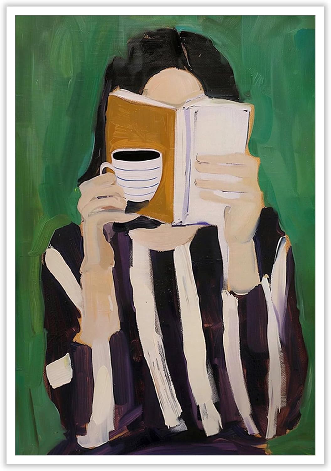 Trendy Women Reading Book Posters Emerald Green Striped Wall Art Abstract Coffee Decor Modern Feminine Canvas Minimalist Woman Pictures Print Aesthetic for Living Room Bedroom House 12x16in Unframed
