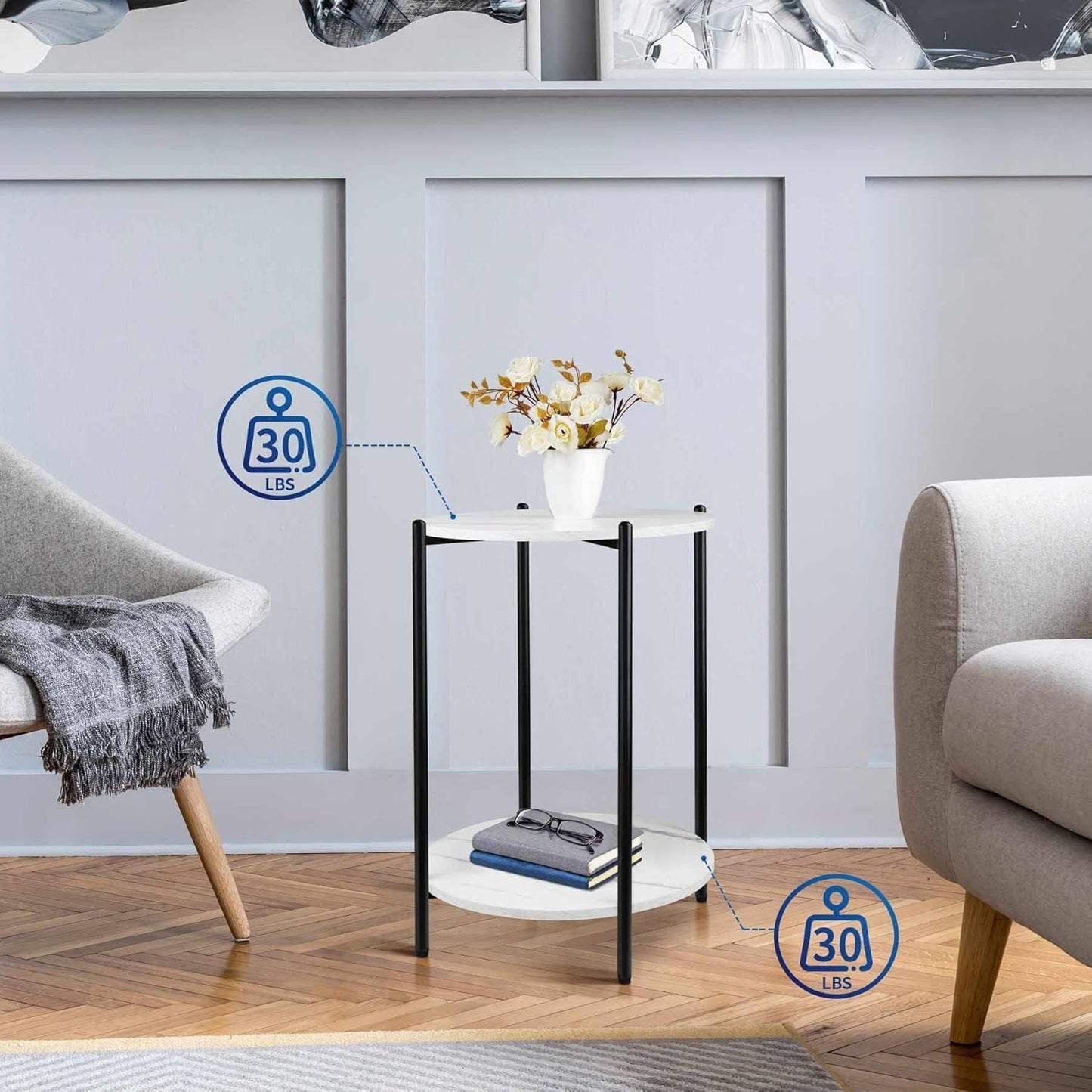 Faux Marble End Table White Black Side Table Marble Nightstand for Living Room or Bedroom Modern Accent Table with Black Metal Frame (1 pcs Black, Round)
