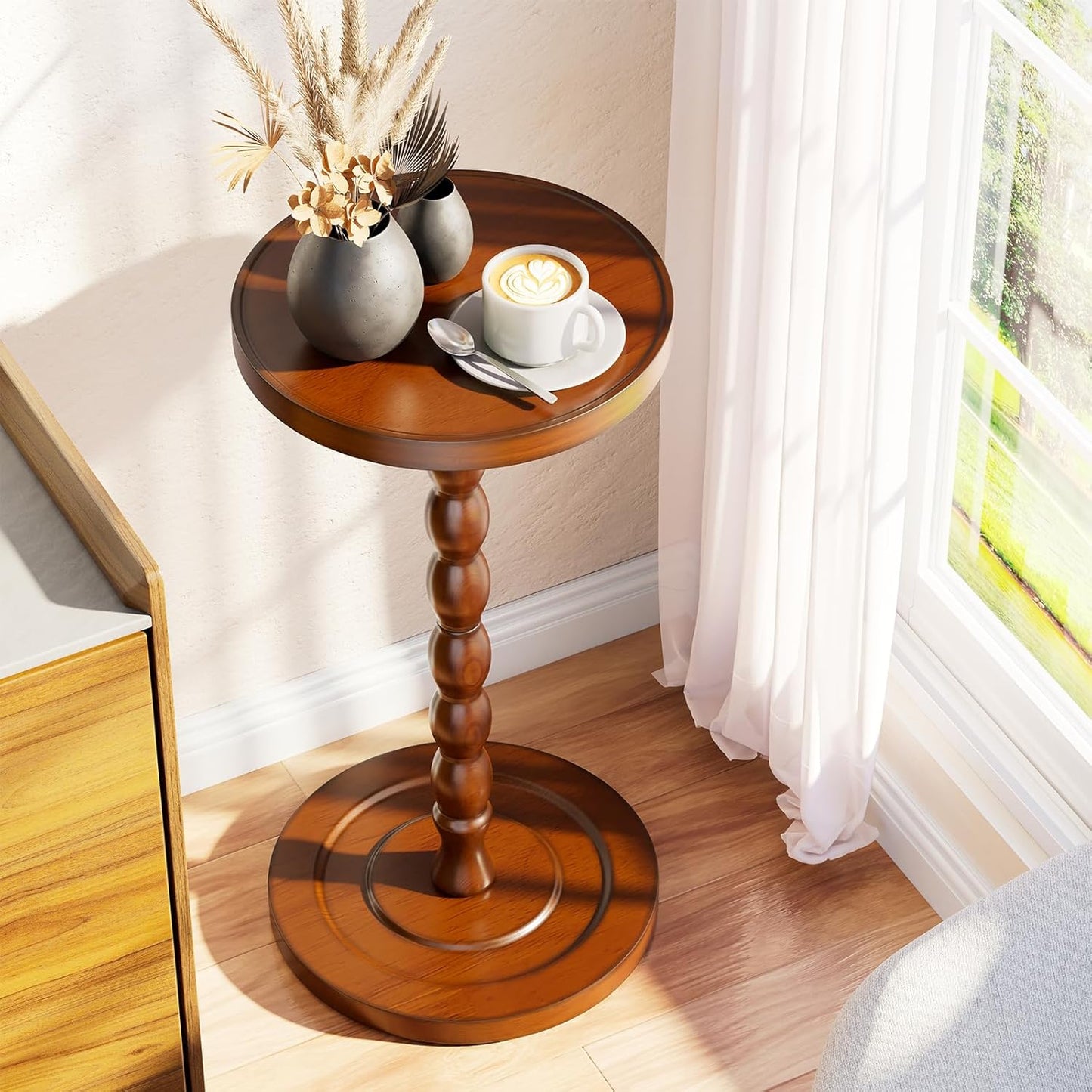 Simple Trending Small Side Table, Round Drink Table for Small Spaces, Pedestal Coffee Table for Living Room, Rustic Brown