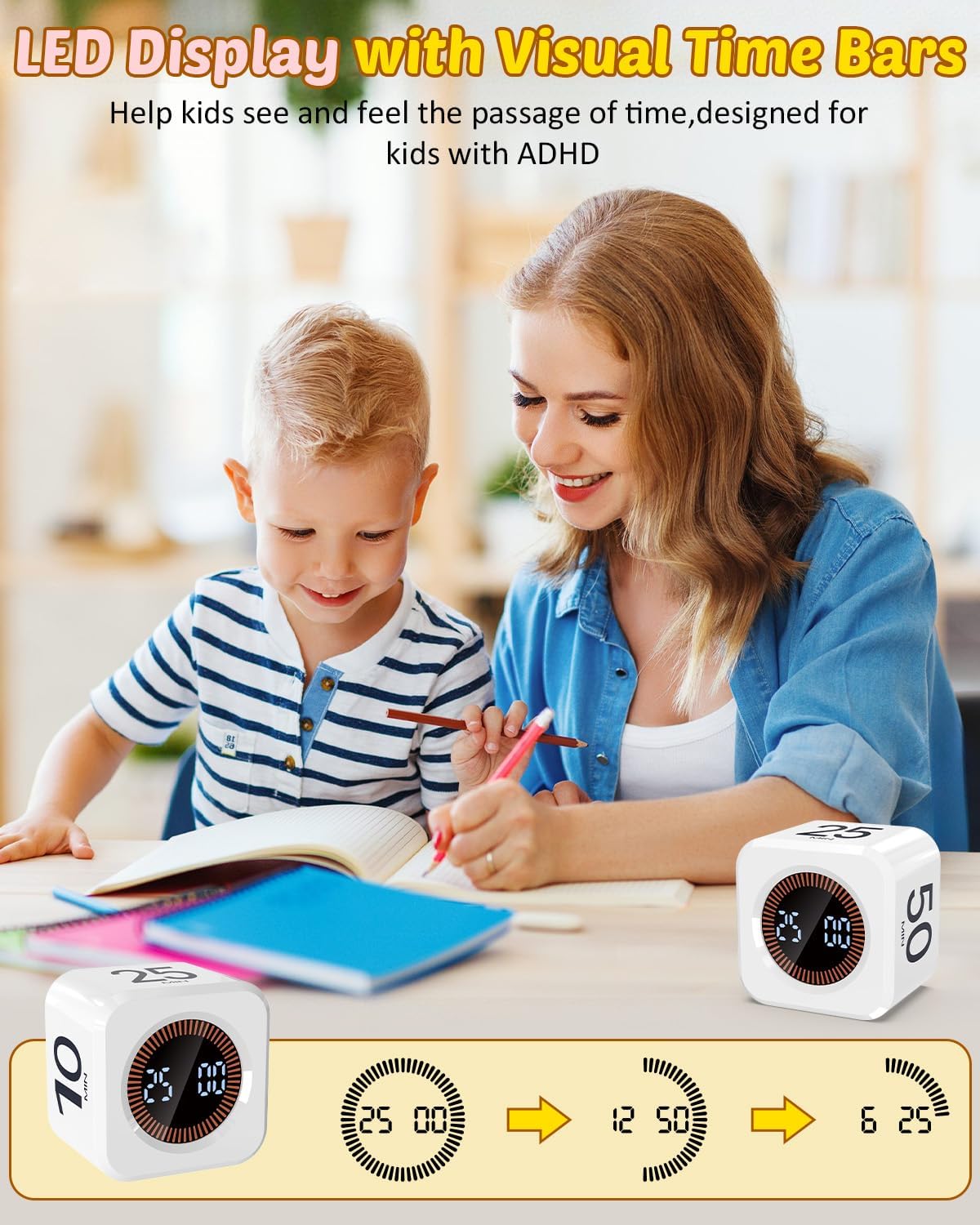 Digital Pomodoro Timer Cube 5/10/25/50min, Visual Productivity Flip Timer for Kids Classroom Desk, Custom Countdown, Silent and Sound Mode for ADHD Study Work Game Kitchen (White)