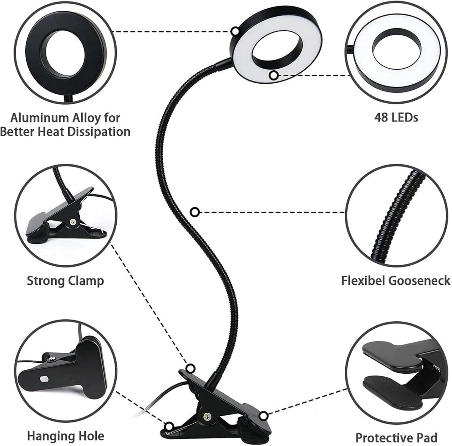 Clip on Light LED Reading Book Study Lamp 3 Color Modes 10 Brightness Eye Protection 360° Flexible Gooseneck Student Dormitory Office Desk Lamp at Night in Bed