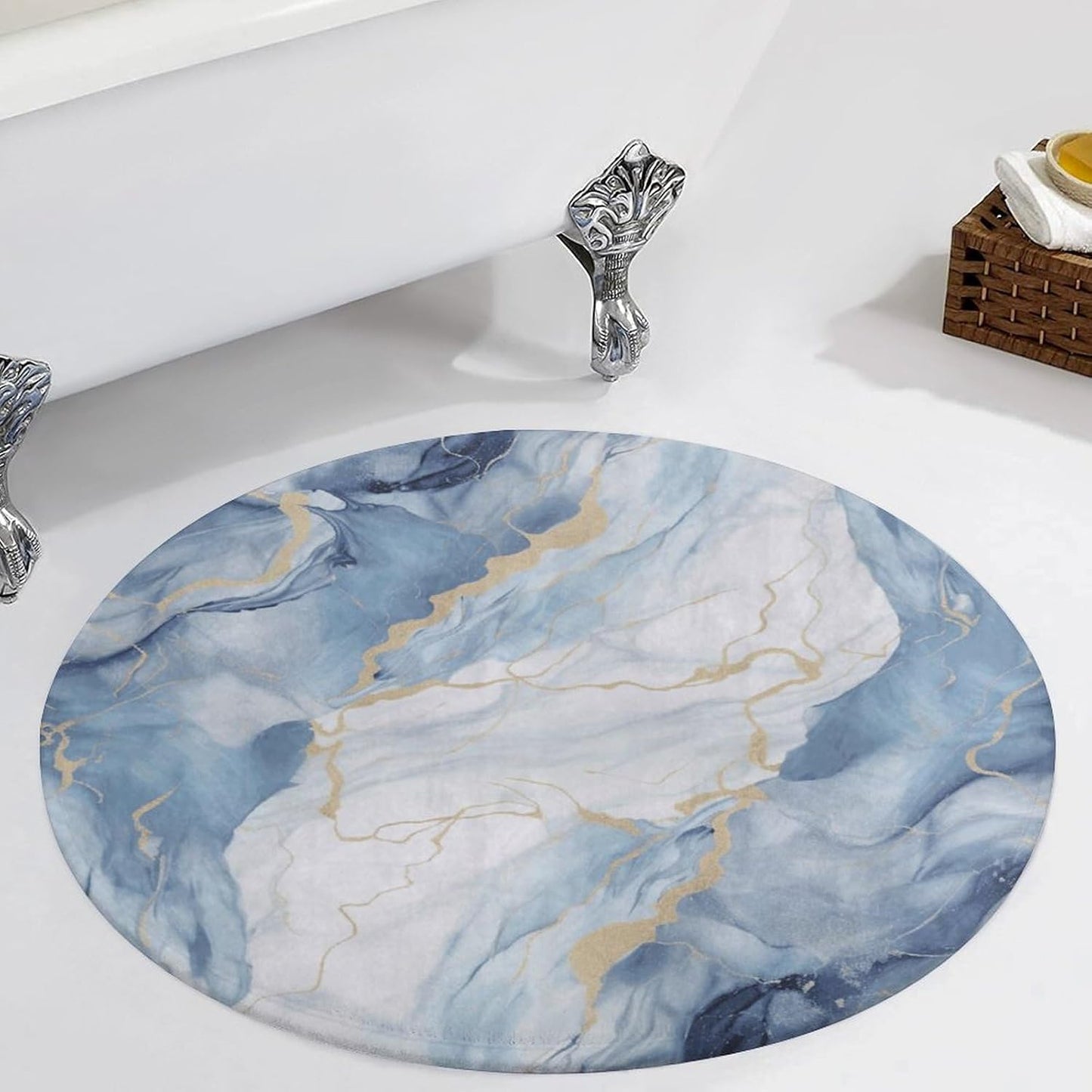 White Blue Marble Circle Rug Retro Luxury Coral Velvet Floor Mat Non Slip Soft Indoor Floor Carpet Comfy Thickened Area Rugs Modern Aesthetic Minimalist Carpets for Home Decor