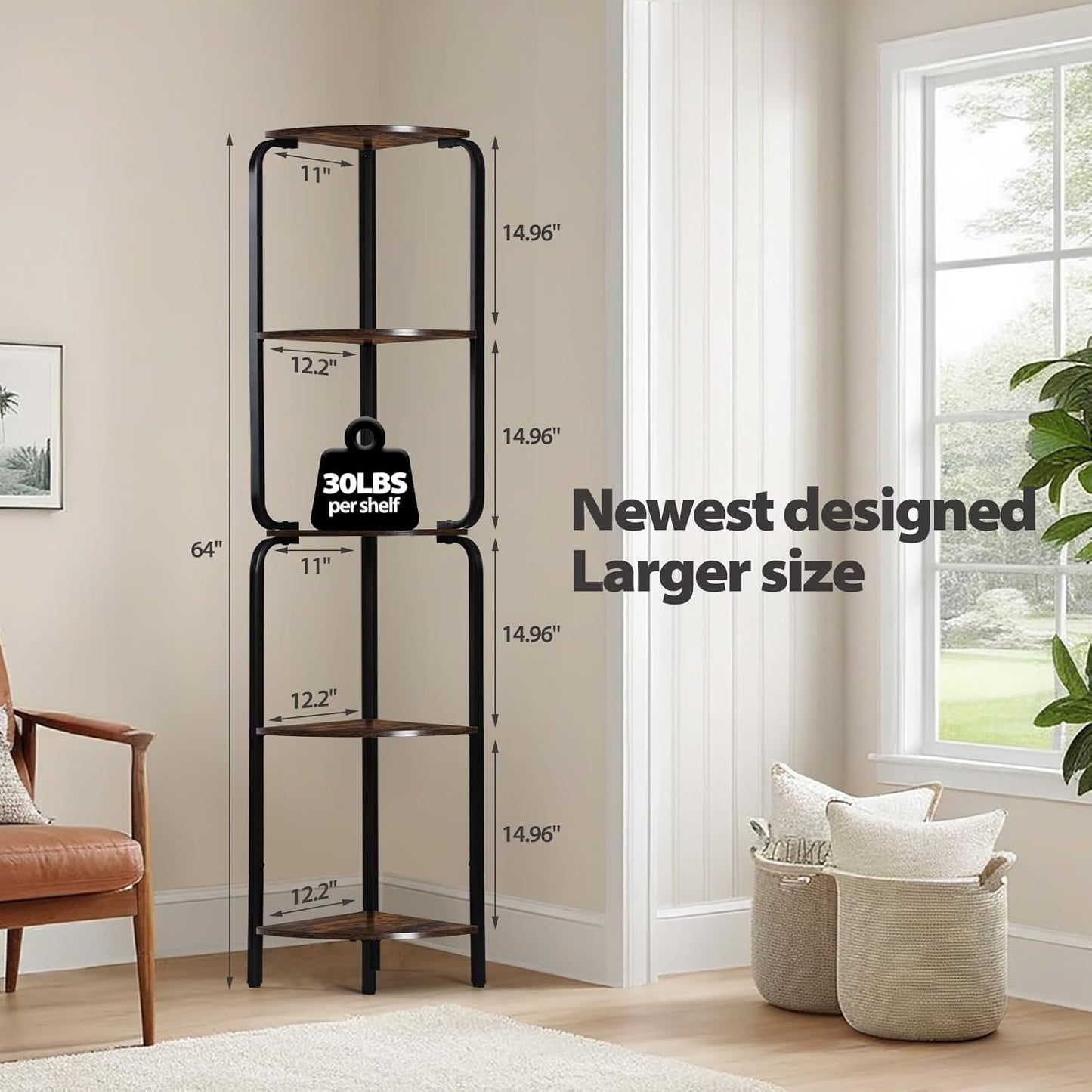 Corner Shelf with LED Light, 5 Tier Corner Shelves, Black Corner Book Shelf 64" Metal Shelf Narrow Bookshelf with Storage Rack for Wall Corner, Living Room, Bedroom, Metal Frame, Display Shelf