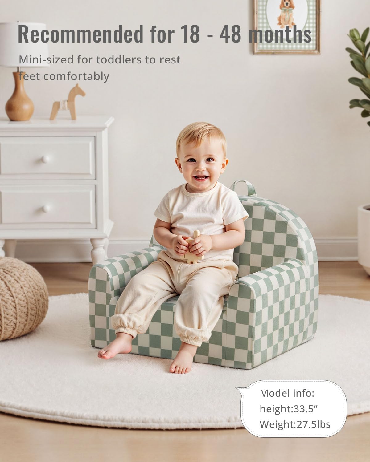 Blissful Diary Toddler Chair, Snuggly Soft Kids Sofa Chair, Supportive Toddler Couch for Boys and Girls, Kids Furniture for Baby Gift, Sage Checkered