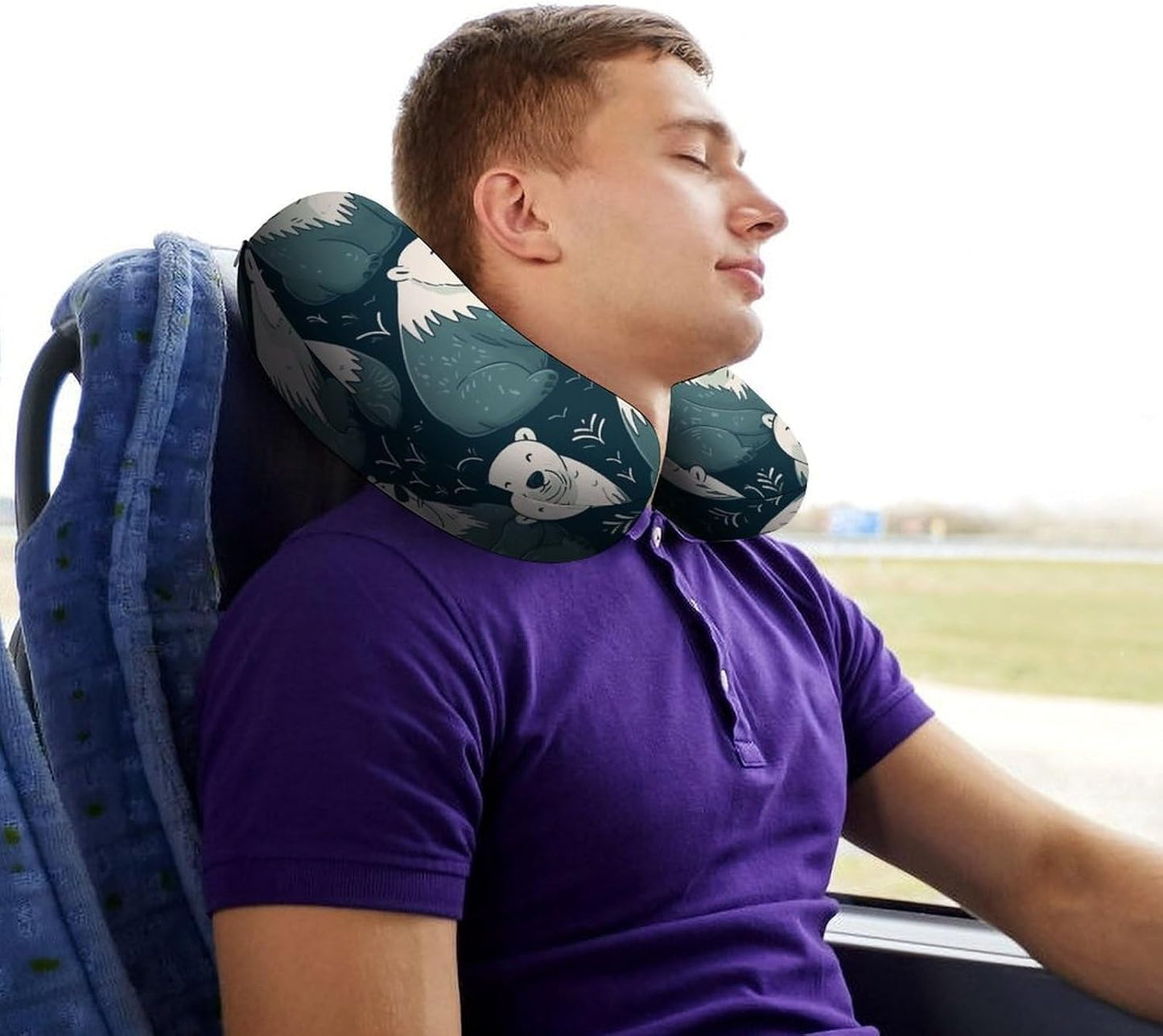 Polar Bear Pattern Neck Pillow Memory Foam U Shaped Pillows Portable Pillows for Shoulder Travel Head Support Pillow with Concealed Zipper for Airplane Car Home Office