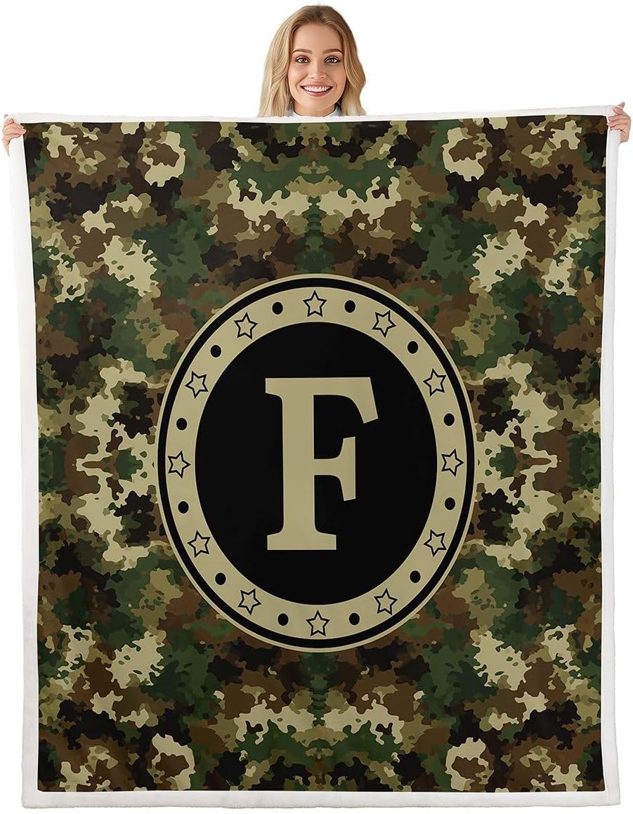 Feelyou Camo Sherpa Throw Blanket for Couch Personalized Initial F Super Soft Cozy Fleece Monogrammed Blanket for Winter, Plush Throw Camouflage Throw 50"x60" Military Style All Season