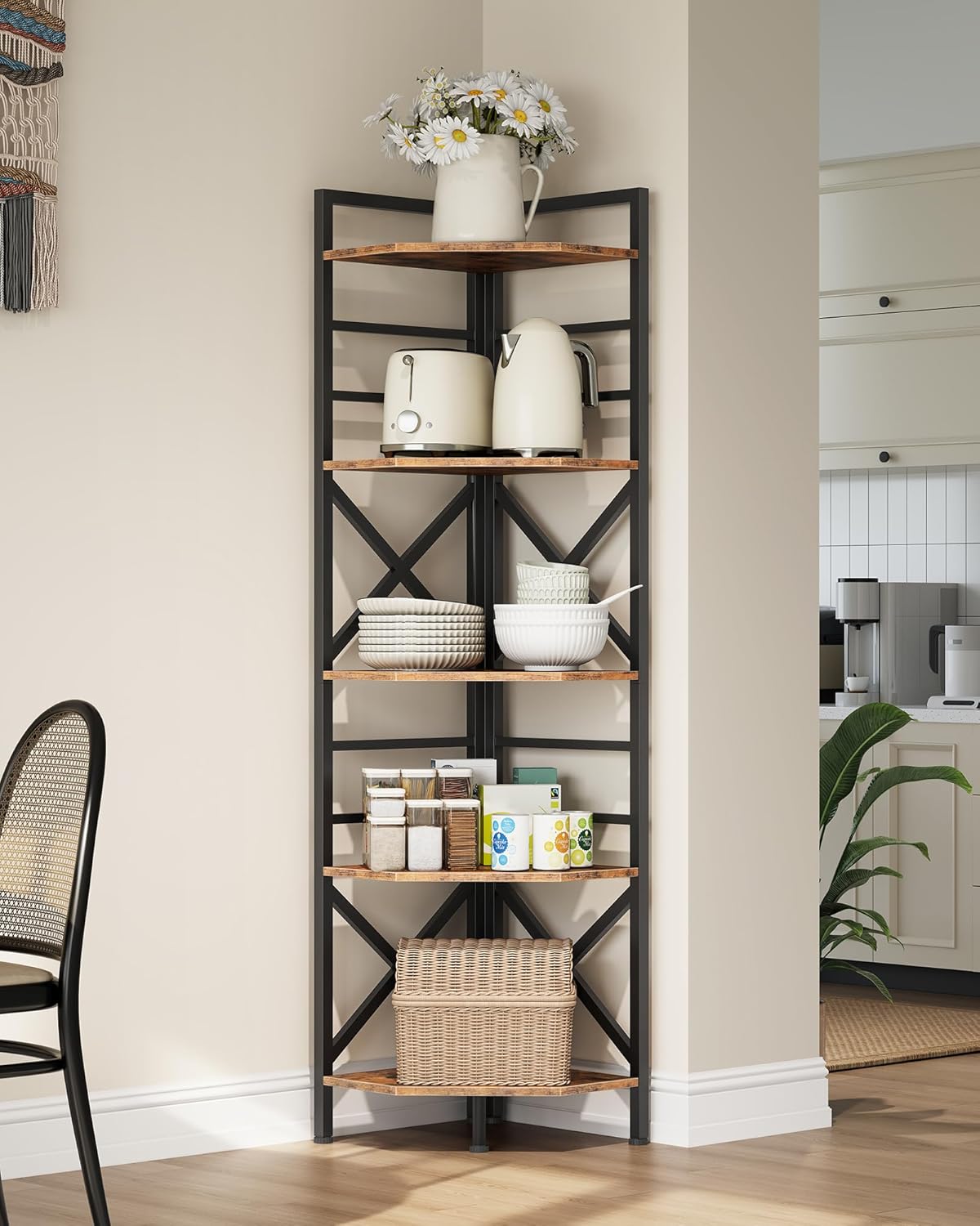 69.3" Corner Shelf 5-Tier, Large Corner Shelving, Freestanding Storage Stand for Bedroom, Living Room, Kitchen, Industrial Engineered Wood Bookshelf Organizer, Rustic Brown and Black TCJ15BF