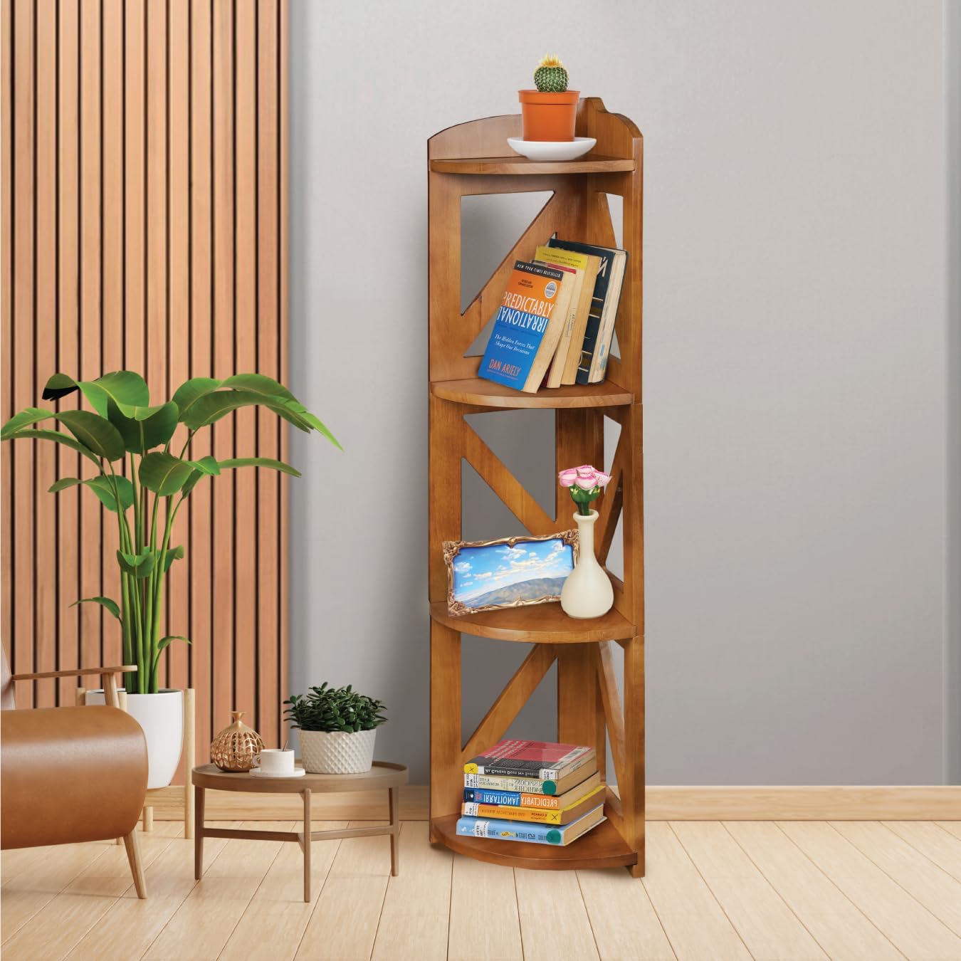 Corner Shelf Stand, Corner Bookshelf, Small Corner Shelves by Natural Wood, Plant Stand, Corner Bookcase for Living Room, Home Office, Bedroom, (White, 3 Tier) (Brown, 4 Tier)
