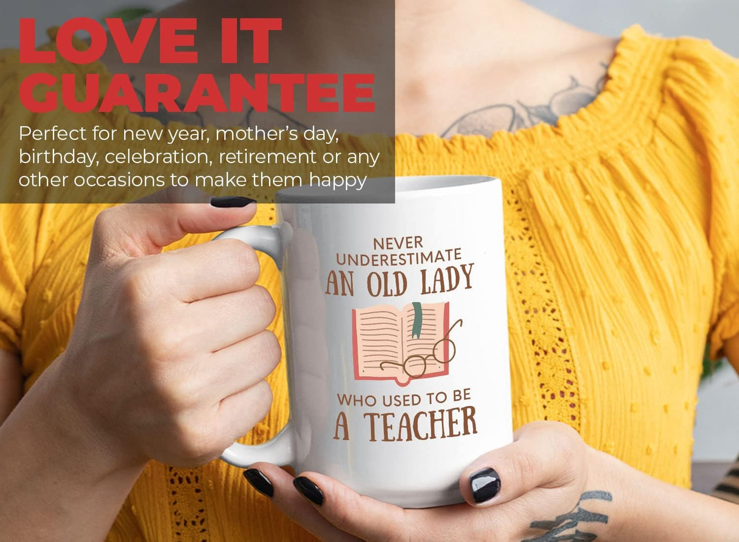 Bubble Hugs Book Lover Coffee Mug 15oz White - Never Underestimate Old Lady - Reading Reader Grandma Retired Teacher Book Lover Bookish Novelist Librarian Writer