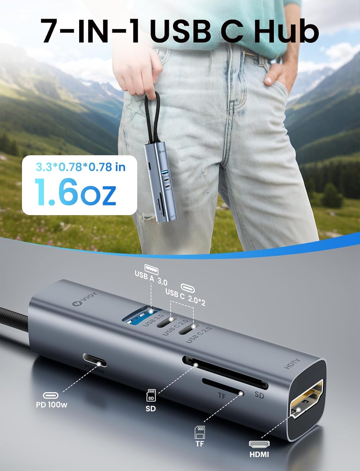 VIOY USB C Hub 7-in-1, Multiport Adapter with USB 3.0 5Gbps Ports, 2 USB-C 2.0 Data Transfer Ports, 4K HDMI, 100W PD Charging, SD/TF Card Reader for MacBook Pro/Air, iPad Pro, Laptop, XPS
