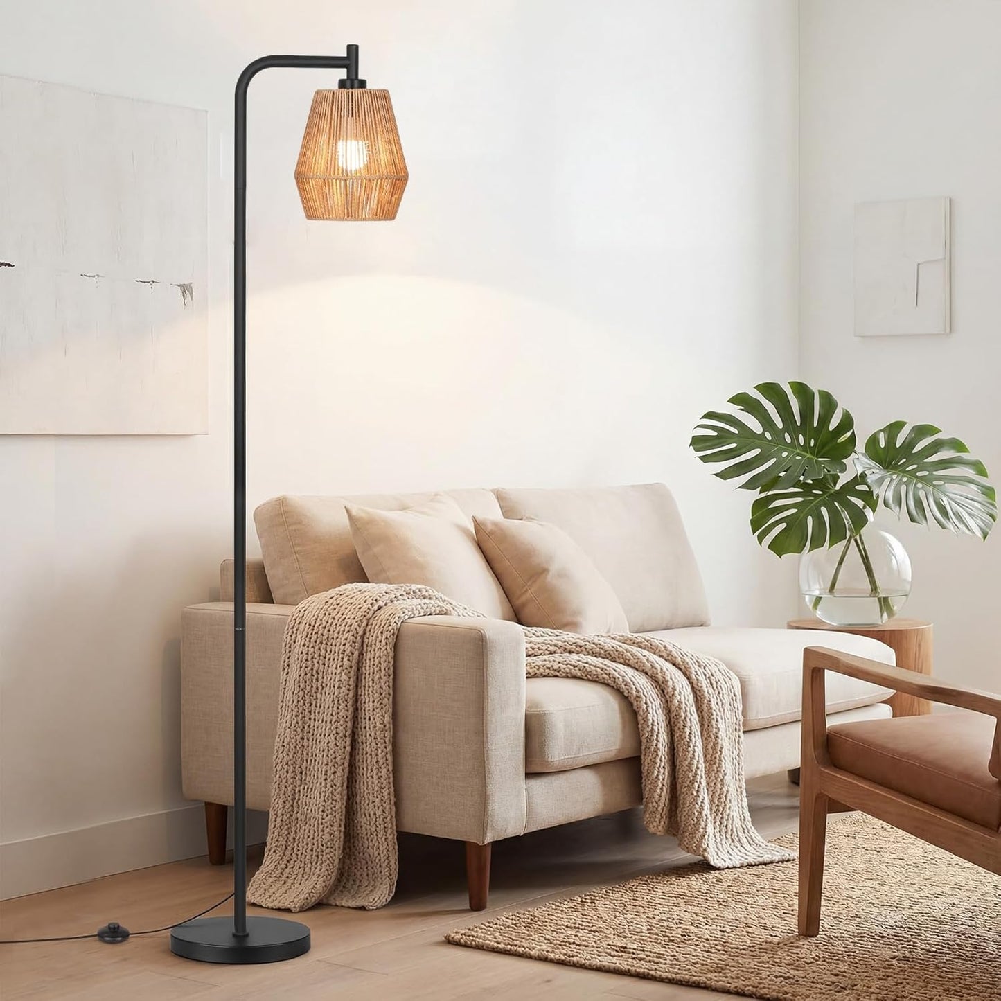 Rattan Floor Lamps for Living Room,Boho Floor Lamp with 3 Color Temperatures,Farmhouse Standing lamp with Hand-Worked Wicker shade,Black tall light for Bedroom,Office,Corner(9W LED Bulb Included)
