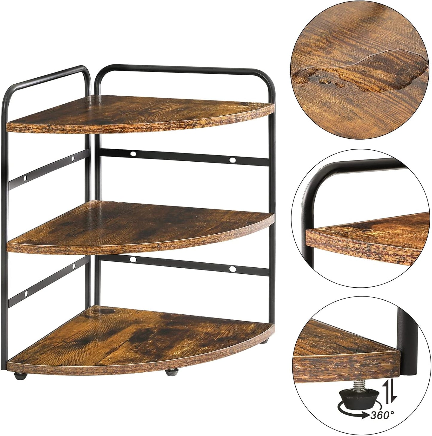 IBUYKE Corner Shelf, Kitchen Counter Organizer, Bathroom Vanity Trays, 3-Tier Spice Rack for Small Spaces,Cosmetic Storage Perfume Holder, Adjustable Height, Rustic Brown,TWJ002H