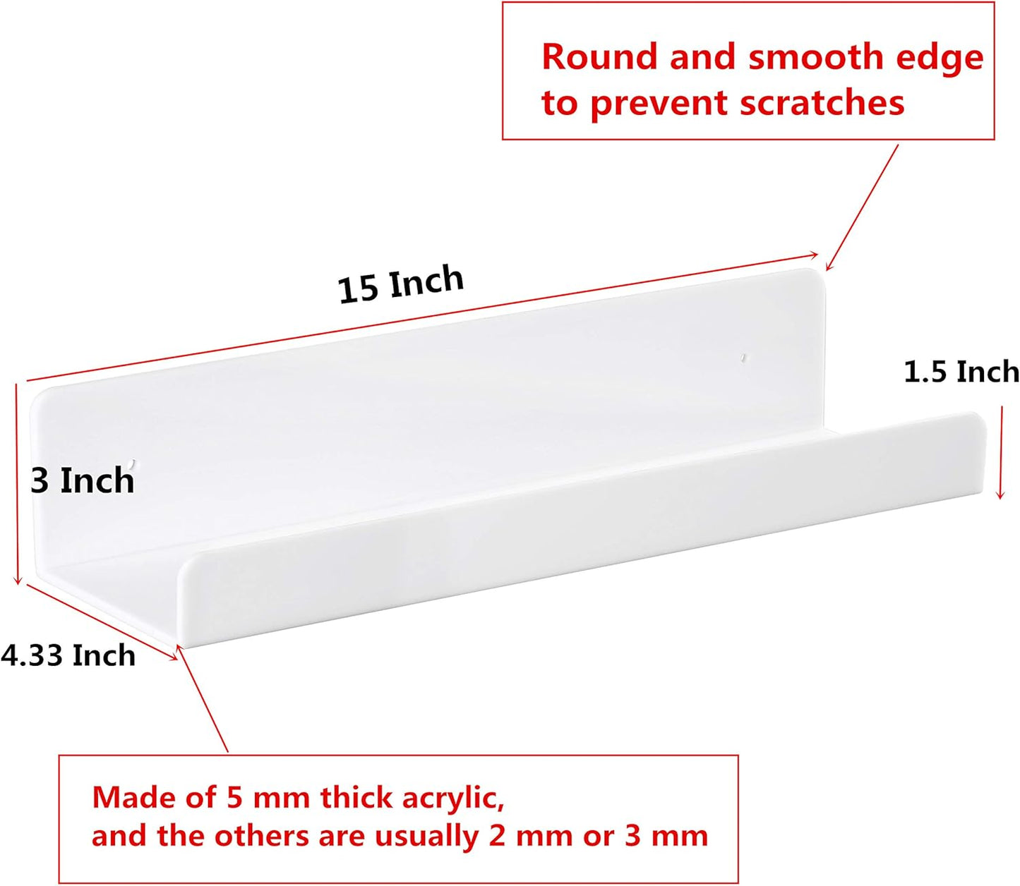 IEEK 6 PCS White Acrylic Floating Shelves Display Ledge,Wall Mounted Nursery Kids Bookshelf,15 Inch Bathroom Wall Shelf and Storage Rack,5mm Thick U Shelf