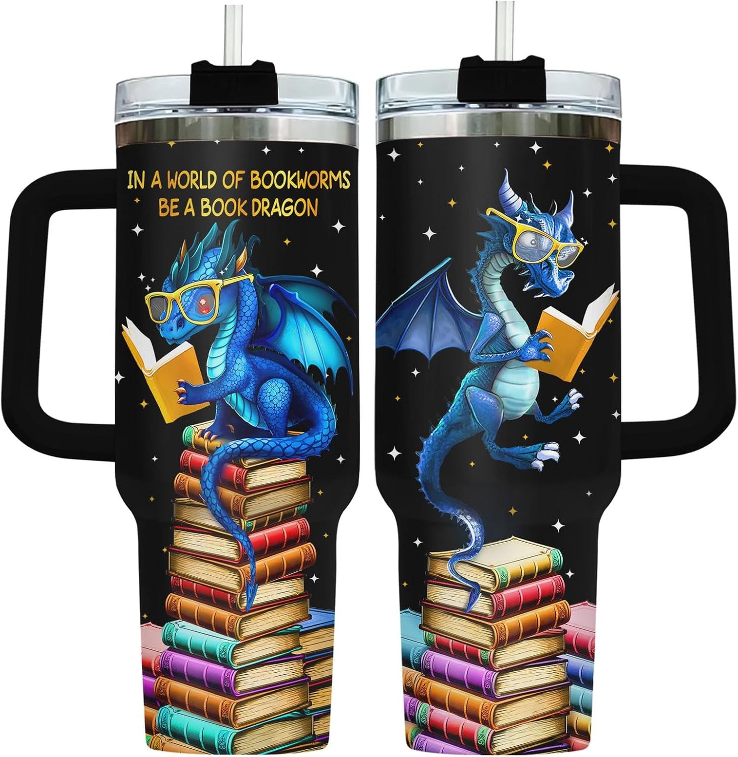 34HD Dragon Reading Books Tumbler 40oz with Handle and Straw, In a World of Bookworms Insulated Travel Coffee Mug, Bookish Items to Men & Women - Birthday Gifts for Book Lovers and Readers
