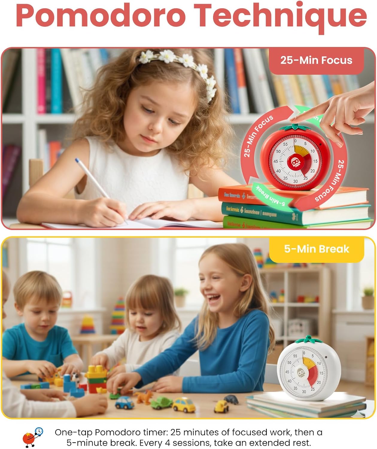 Visual Timer for Kids, 60-Minute Countdown Timers for Classroom Office Kitchen with Silent Operation, Kids Timer for Teaching with Cute Design, 4-Color Zone Pattern Pomodoro Timers