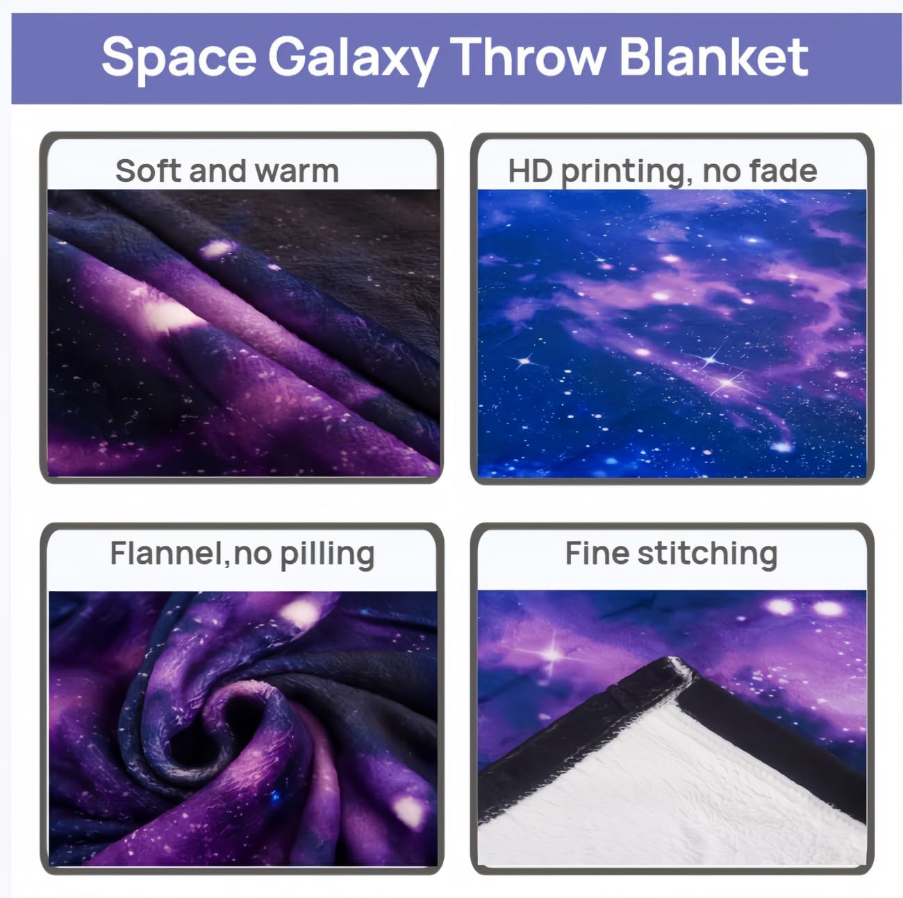 Galaxy Throw Blanket, Outer Space Universe Warm Fleece Blanket for Sofa Couch Bed, 60L x 50W inches, Purple Blue