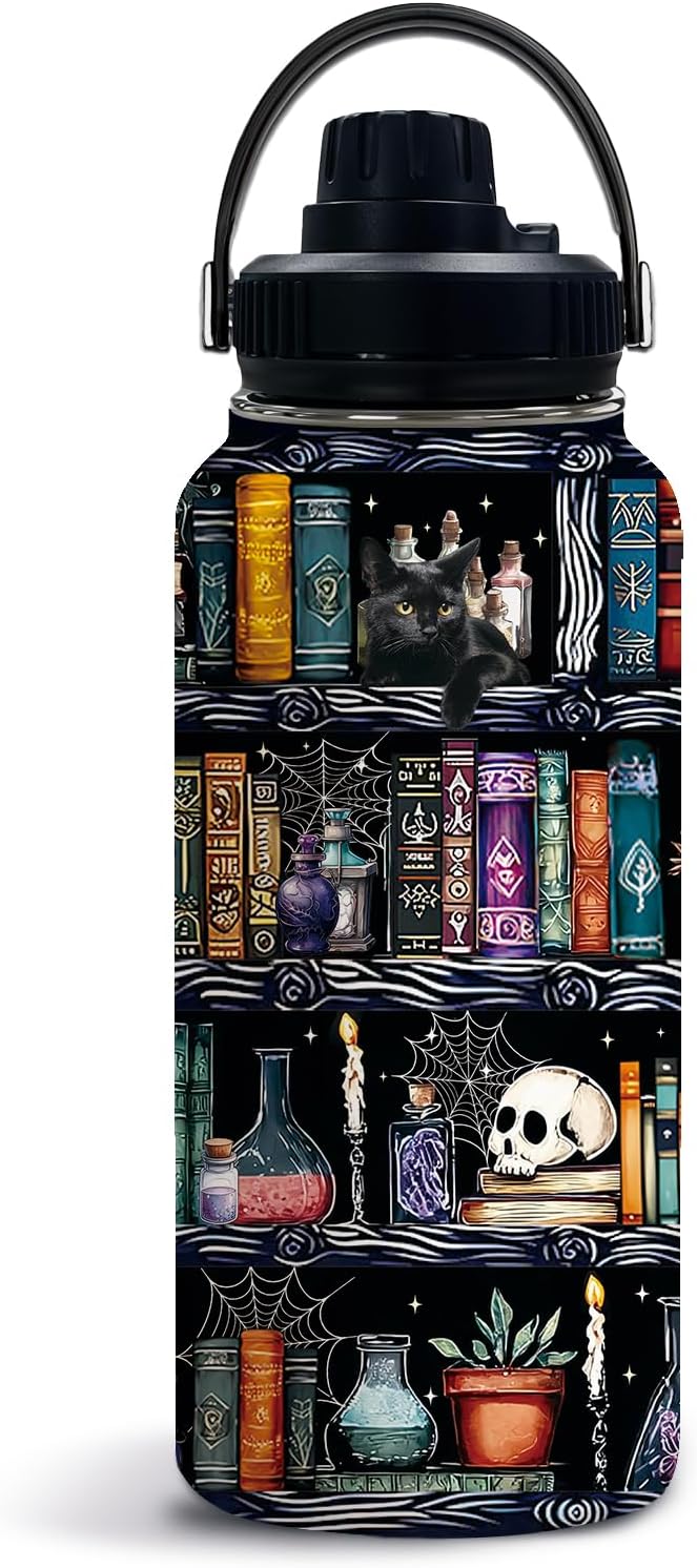 Book Lovers Gifts, Goth Skull Bookish Water Bottle with Lid 32oz, Bookshelf Mugs Cup Tumbler for Books Lovers, Readers Writer Bookworm Librarian Gift for Thanksgiving Christmas, 1 PCS