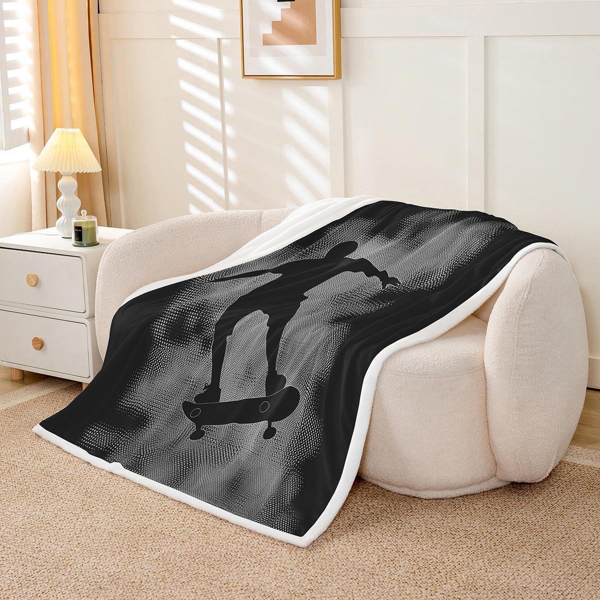 Skateboard Fleece Throw Blanket Hipster Plush Blanket for Bed Couch Sofa Adults Extreme Sports Theme Sherpa Blanket Skate Board Fuzzy Blanket Room Decor Queen 90"x90"
