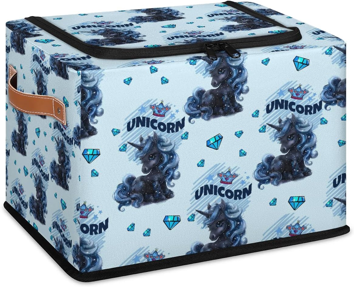 Unicorns Storage Bins with Lids, Collapsible Cube Storage Basket with Leather Handle, Foldable Fabric Storage Box with Lids for Organizing Home Bedroom Closet Office