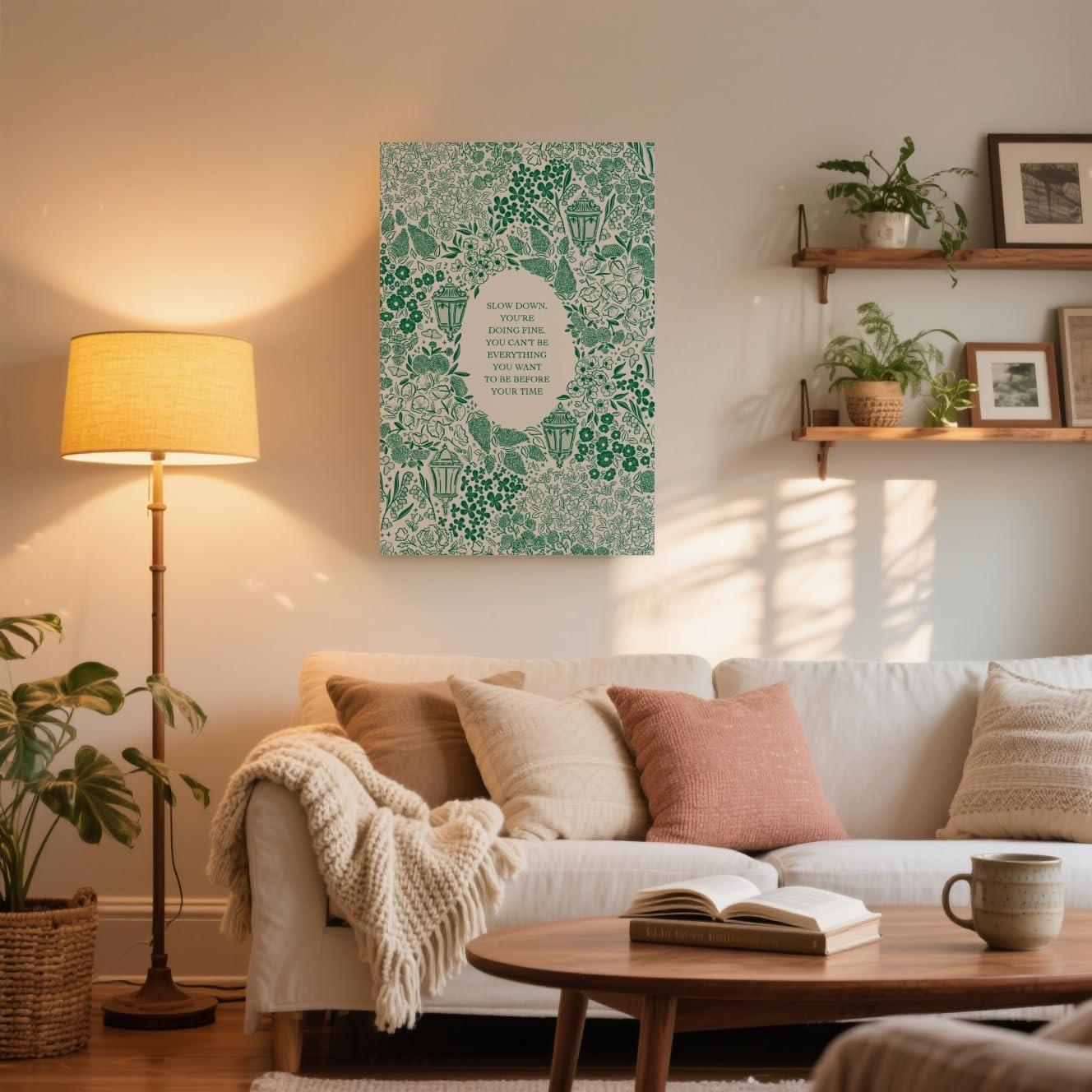 HUYKON Slow Down You’re Doing Fine Music Poster Vintage Song Lyric Green Wall Art Retro Positive Quote Motivational Floral Canvas Print Wall Decor Aesthetics for Bedroom Home 8x12inch Unframed