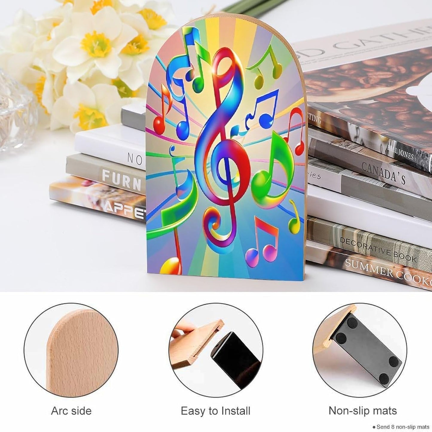 Colorful Music Bookends 1 Pair Heavy Duty Book Ends for Shelves Non-Skid Bookend Supports Wooden Book Holders with Metal Base Desk Organizers Books Storage to Hold Books