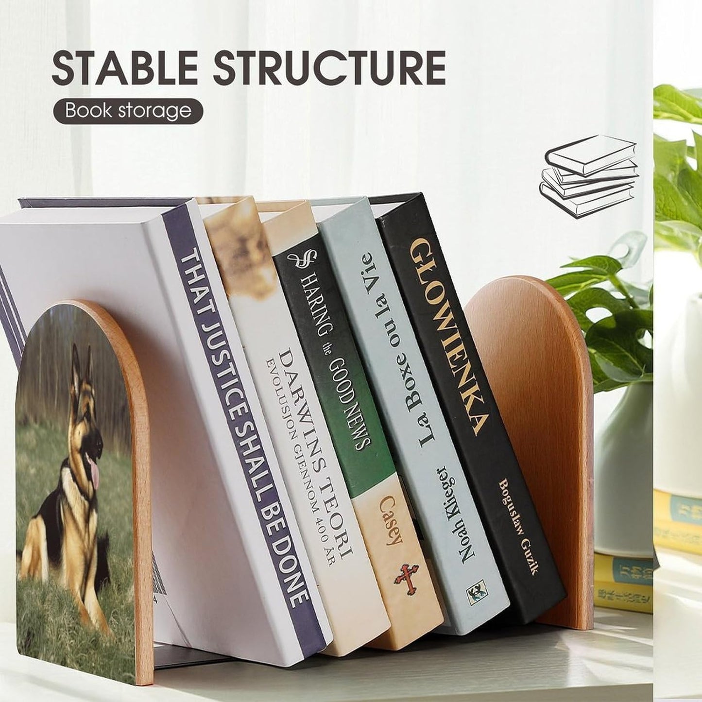 German Shepherd Dog Bookend for Shelves Wooden Book End Large Size Sturdy Book Holders Stoppers with Metal Base for Bookshelves Slick Decorative Bookends Stands