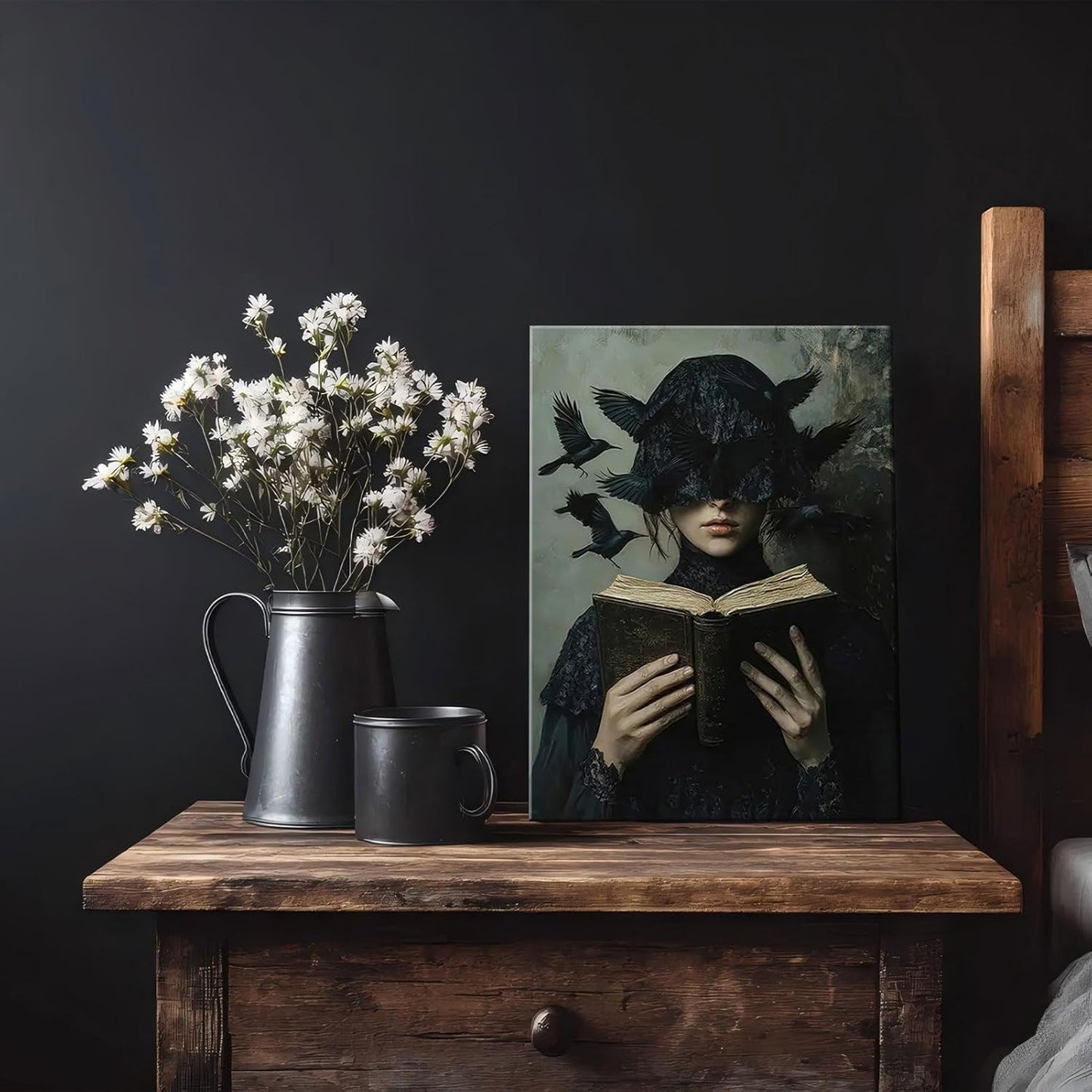 Dark Academia Canvas Wall Art Gothic Victorian Woman Reading Book Wall Decor Picture Moody Dark Crow Aesthetic Poster Print for Gallery Living Room Bedroom Home Decoration 12x16in
