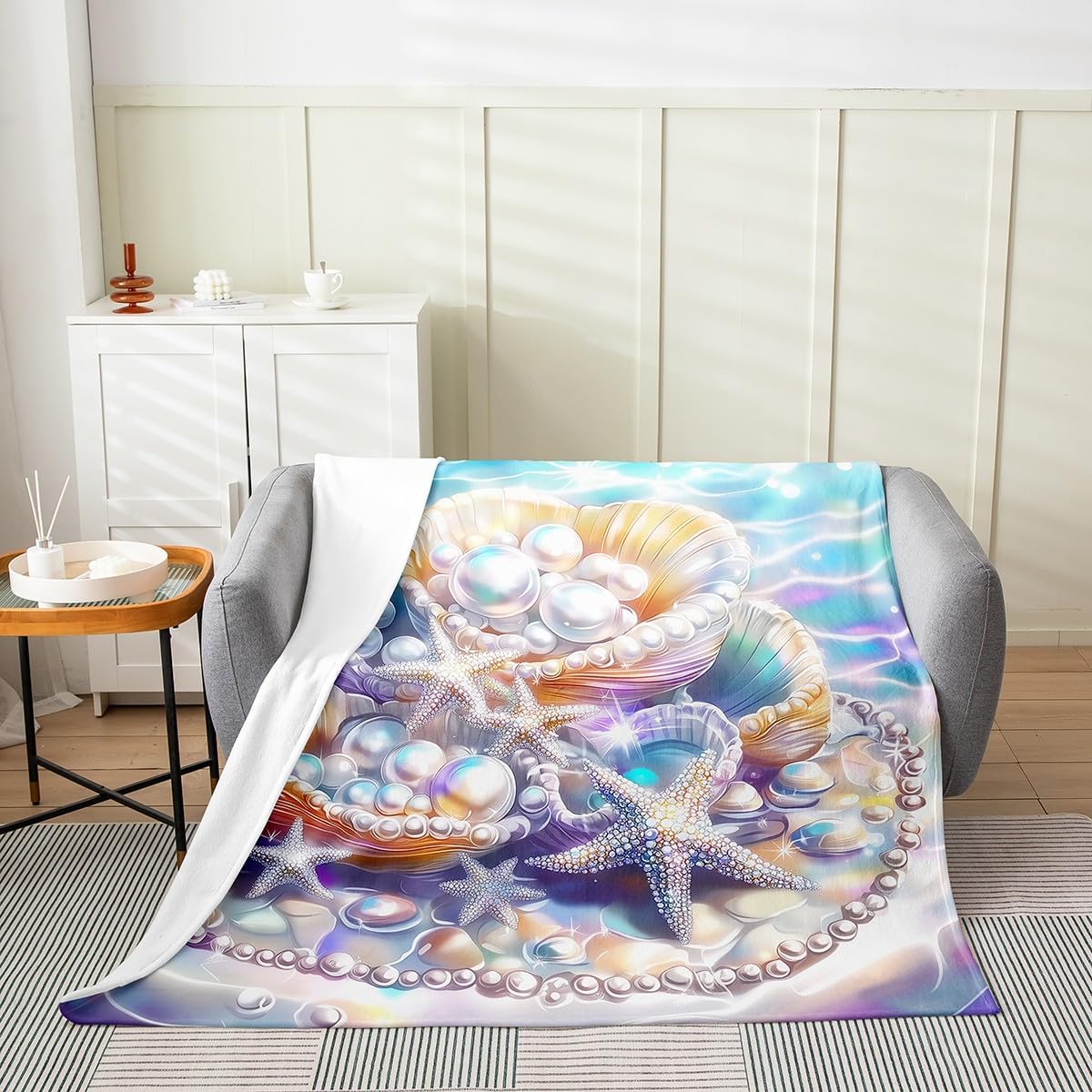 Starfish Pearl Shell Conch Bed Blanket All Seasons,Coastal Style Flannel Blanket for Room Decor,Beach Fleece Blanket for Kids,Super Soft Blanket,Twin 60"x80"