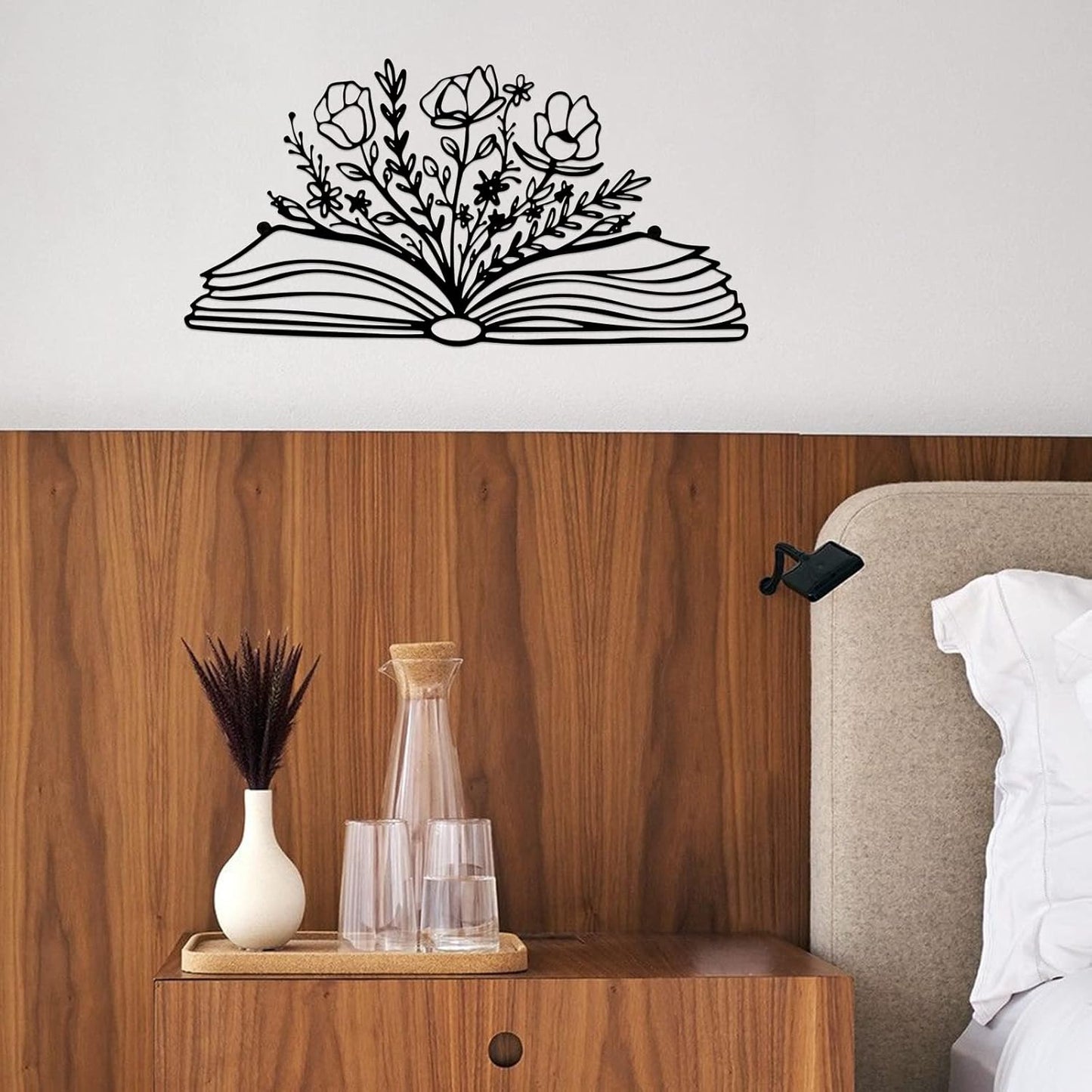 SwallowLiving 14 x 7 Inches Reading Sign Decor Book Lovers Teacher Gift Black Metal Book Flower Wall Art for Library,Reading Room,Living room or Bedroom
