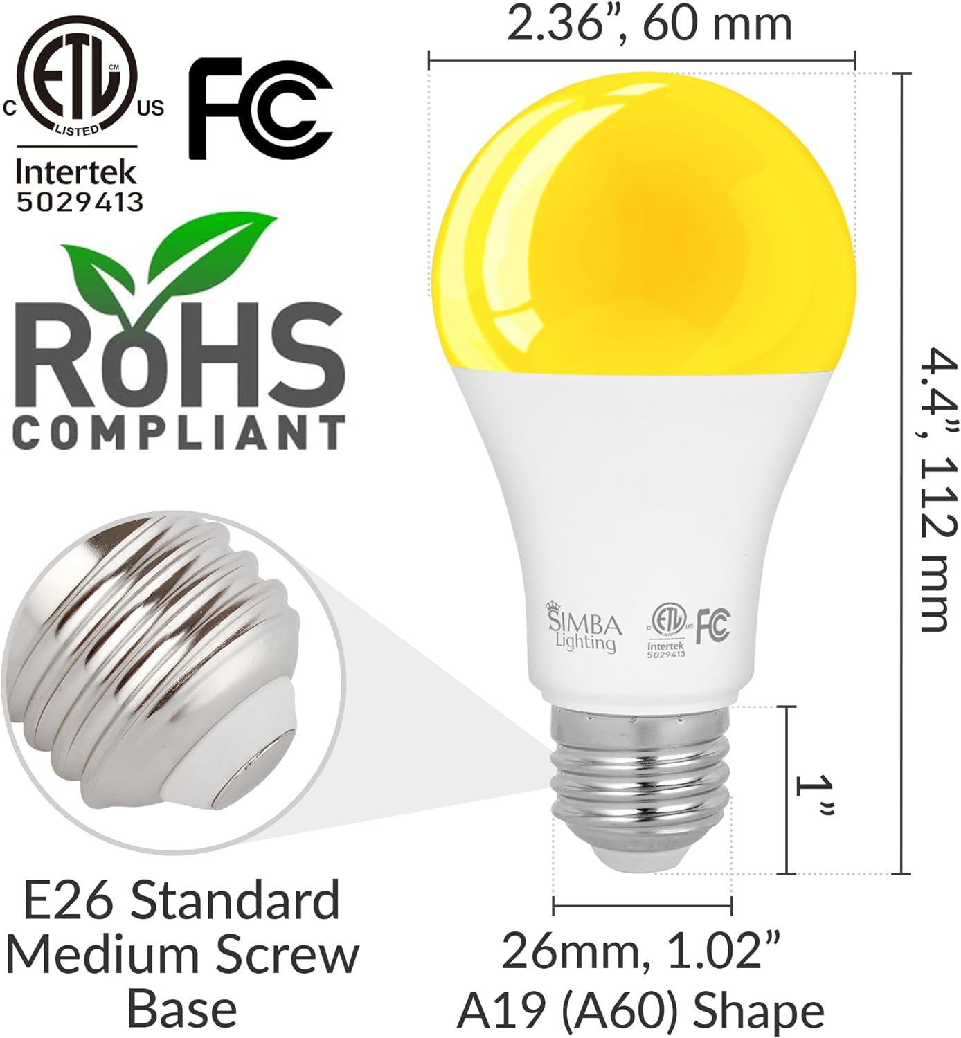 Simba Lighting LED Bug Non-Attracting Yellow Bulb ETL Listed 6W 40W Equivalent (4 Pack), Great for Outdoor Porch Light, Patio, Security, Night Light, Amber Warm Light, Standard A19 Shape E26 Base