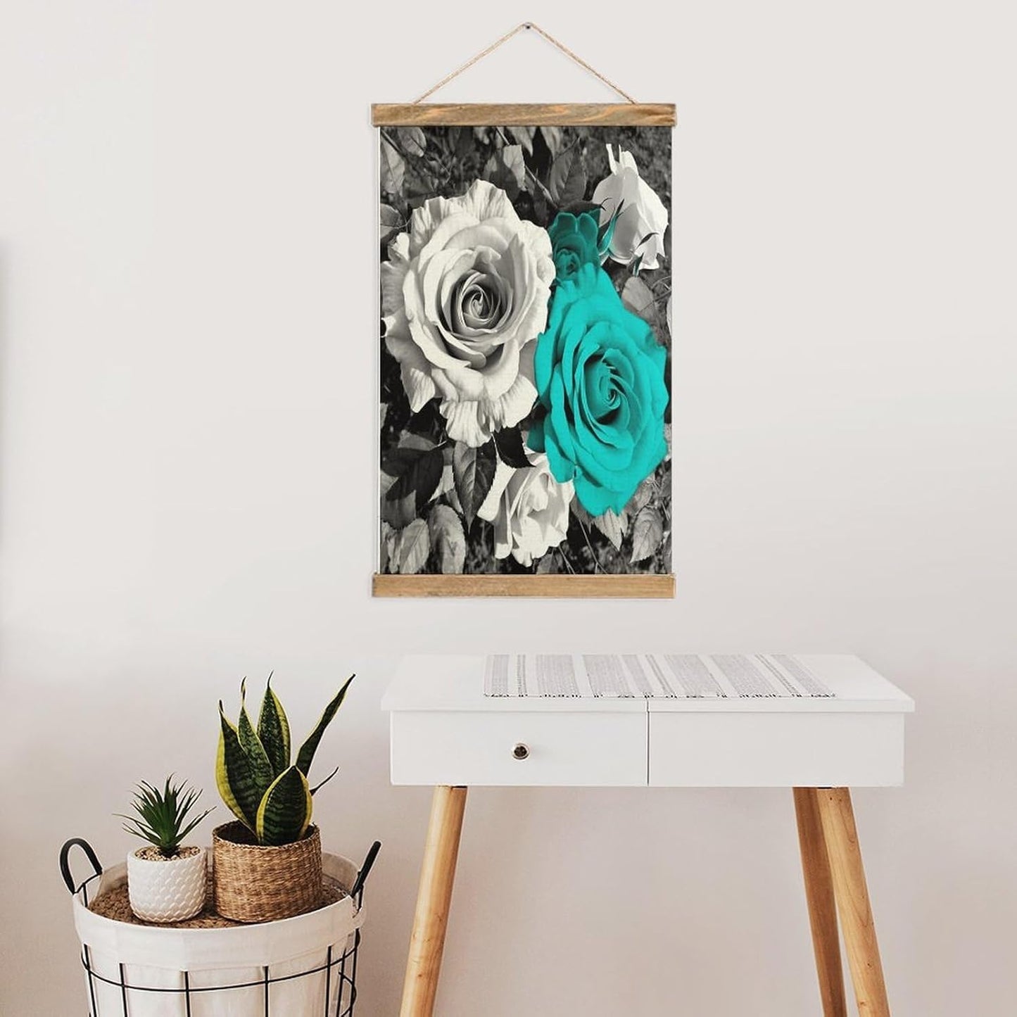 Vintage Black White Teal Gray Rose Flowers Poster with Wooden Frame Personalized Linen Hanging Scroll Painting Rustic Wall Hanging Illustrative Modern Artwork Decor for Home Living Room Bedroom Office