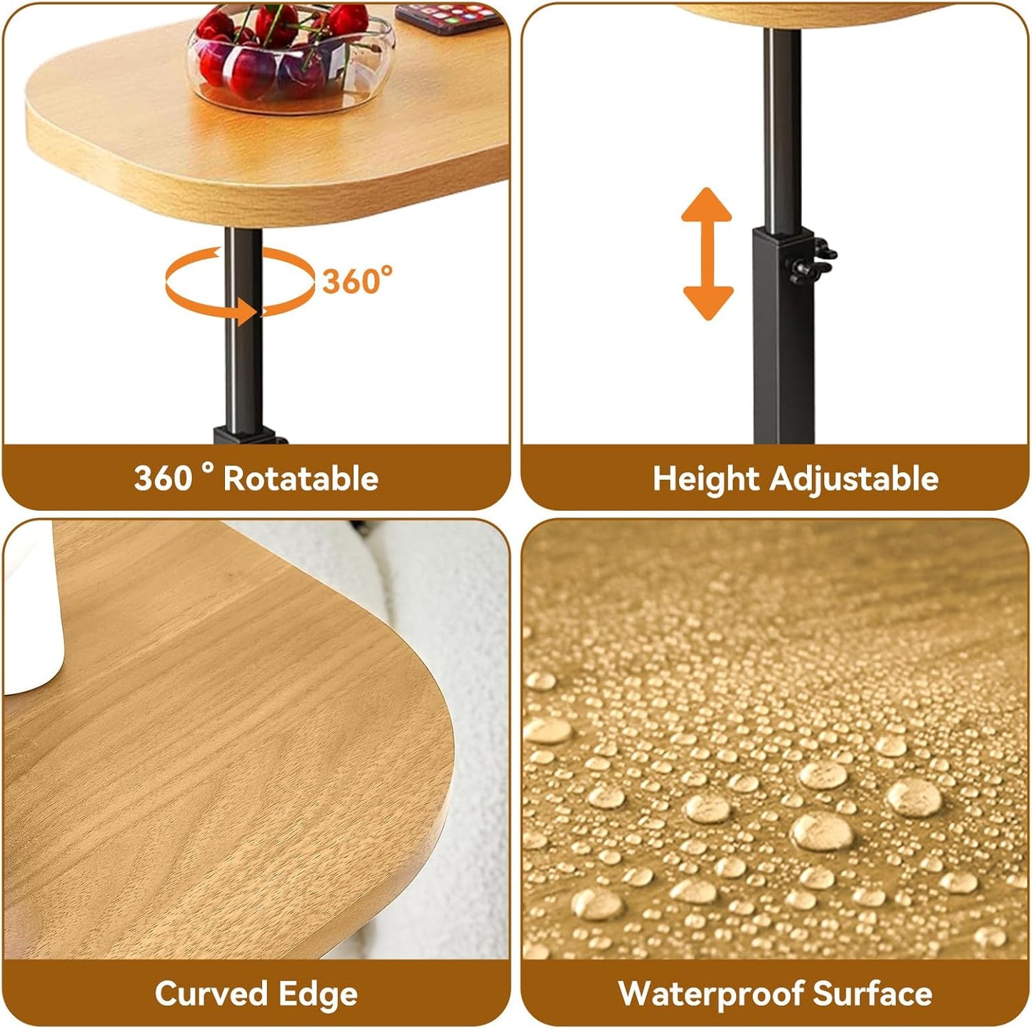 Simcat C Shaped Side Table,Adjustable Height C Table End Table for Couch,360°Swivel Couch Side Tables Slide Laptop Desk for Sofa/Bed/Bathtub/Rotating Tabletop (Log)