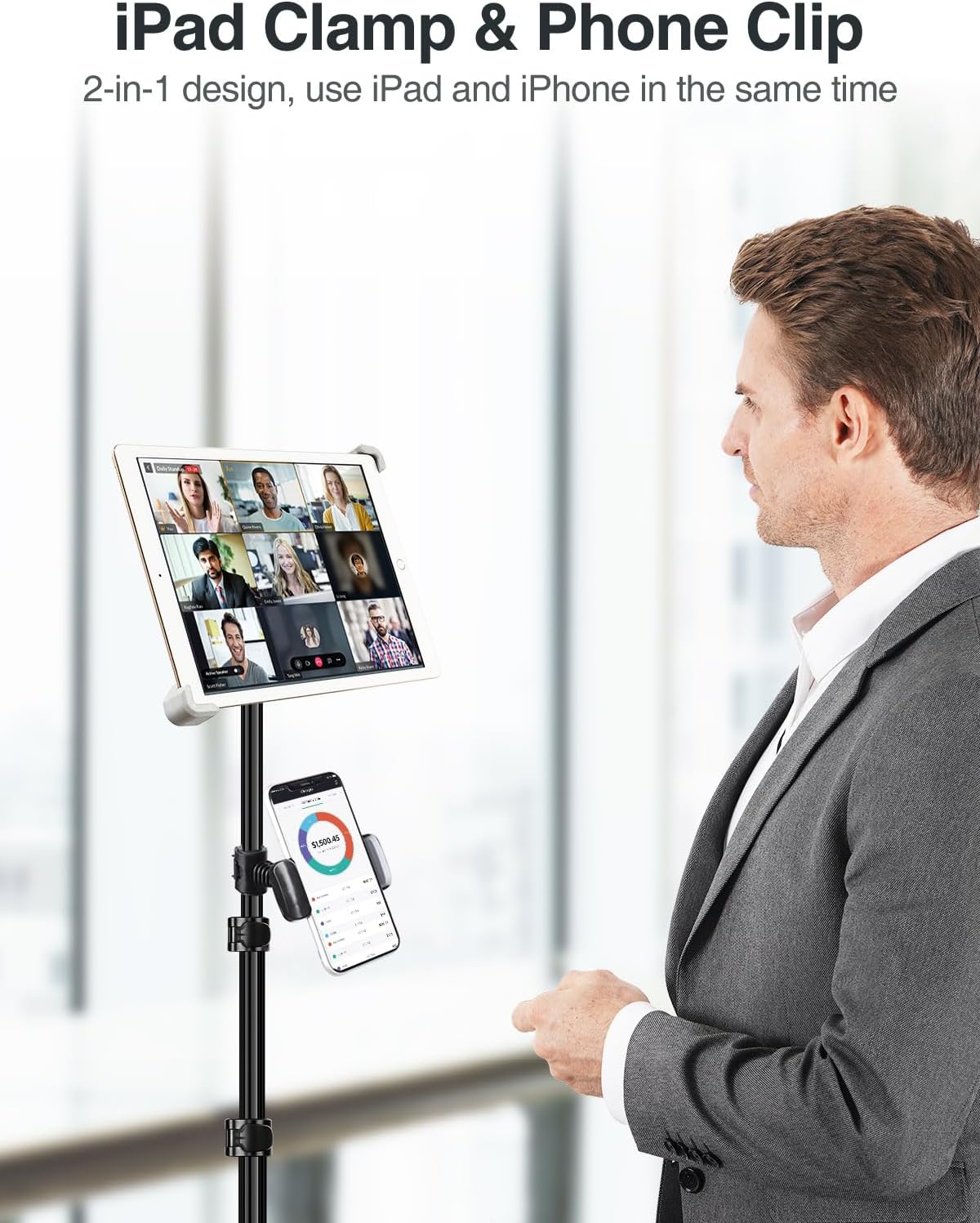 elitehood iPad Tripod Stand, Aluminum Alloy iPad Stand, 360 Rotation Adjustable Height iPad Stand Holder for Floor, Universal Compatible with All 7.9-11 Inch Tablet