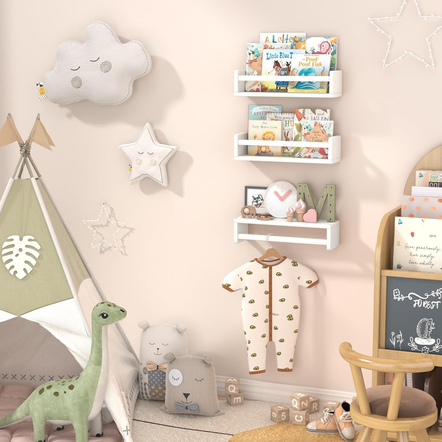 Floating Nursery Book Shelves for Wall, 15.7 Inch Nature Solid Wood Wall Mounted Bookshelf Set of 3, Hanging Bookshelves for Kids Room, Bedroom Nursery Decor and Book Storage (White)