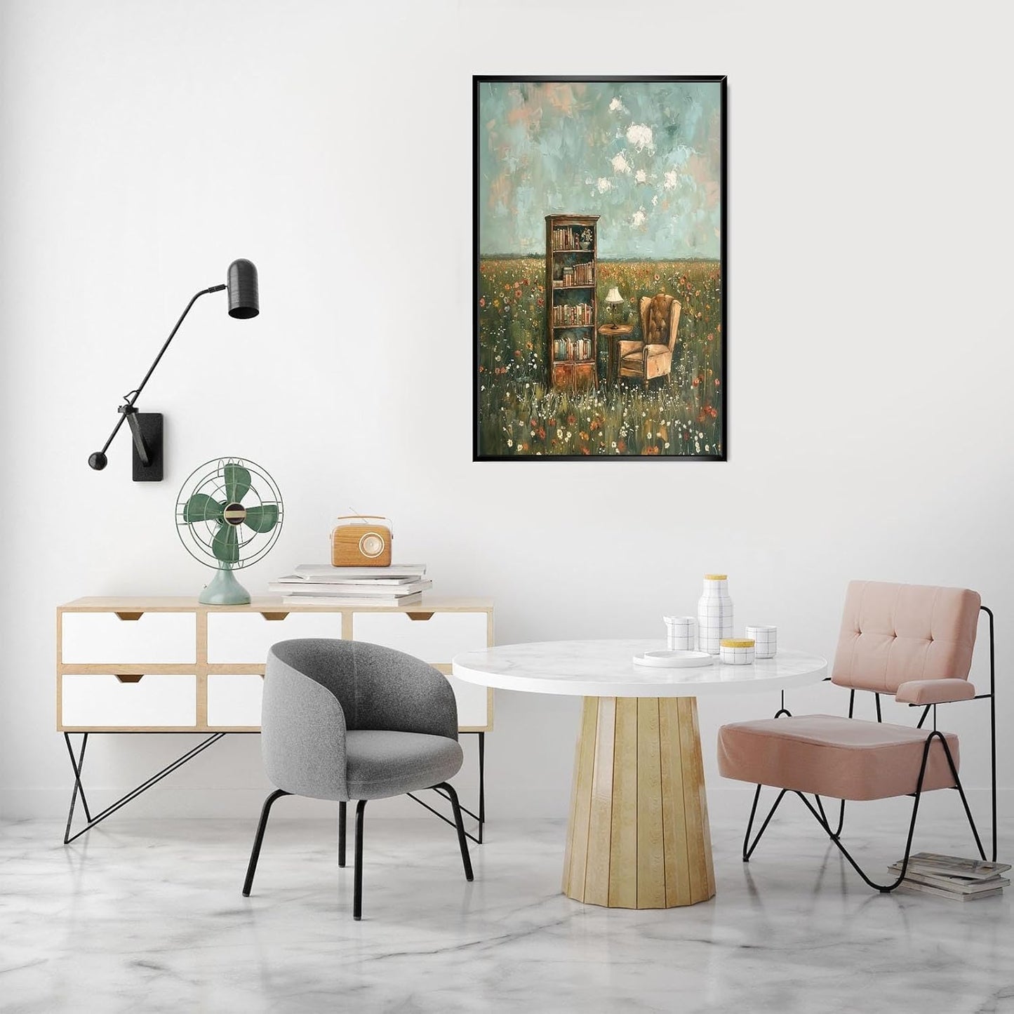 Retro Bookshelf Books Canvas Posters Floral Field Reading Book Wall Art Rustic French Country Bookish Prints Painting For Living Room Bedroom Library Wall Decor 8x12in Unframed