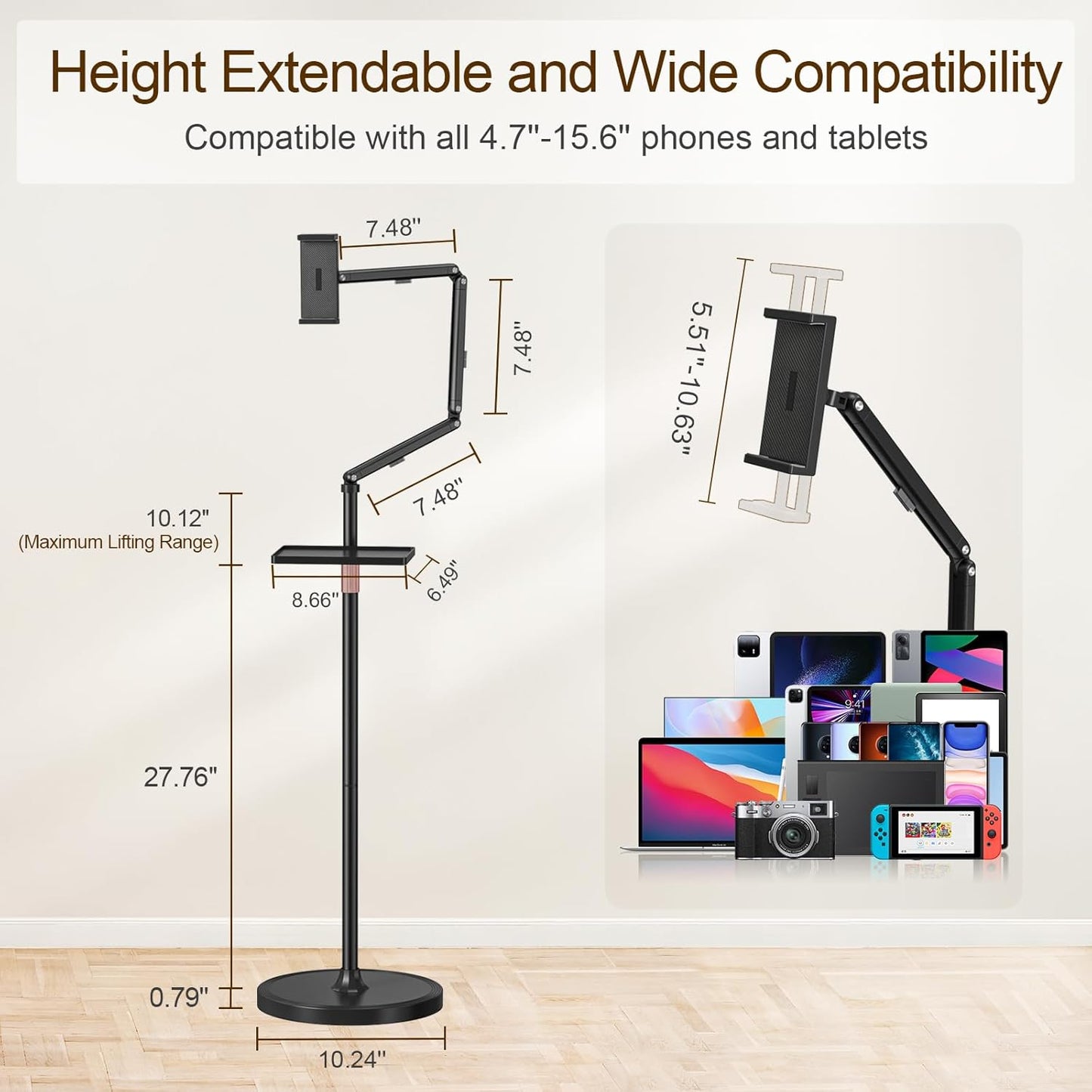 Houele Tablet Floor Stand with Removable Tray, iPad Floor Stand Holder for Bed, Height Adjustable Tablet Mount iPad Holder for 4.7”-15.6” Tablets iPads and Phones