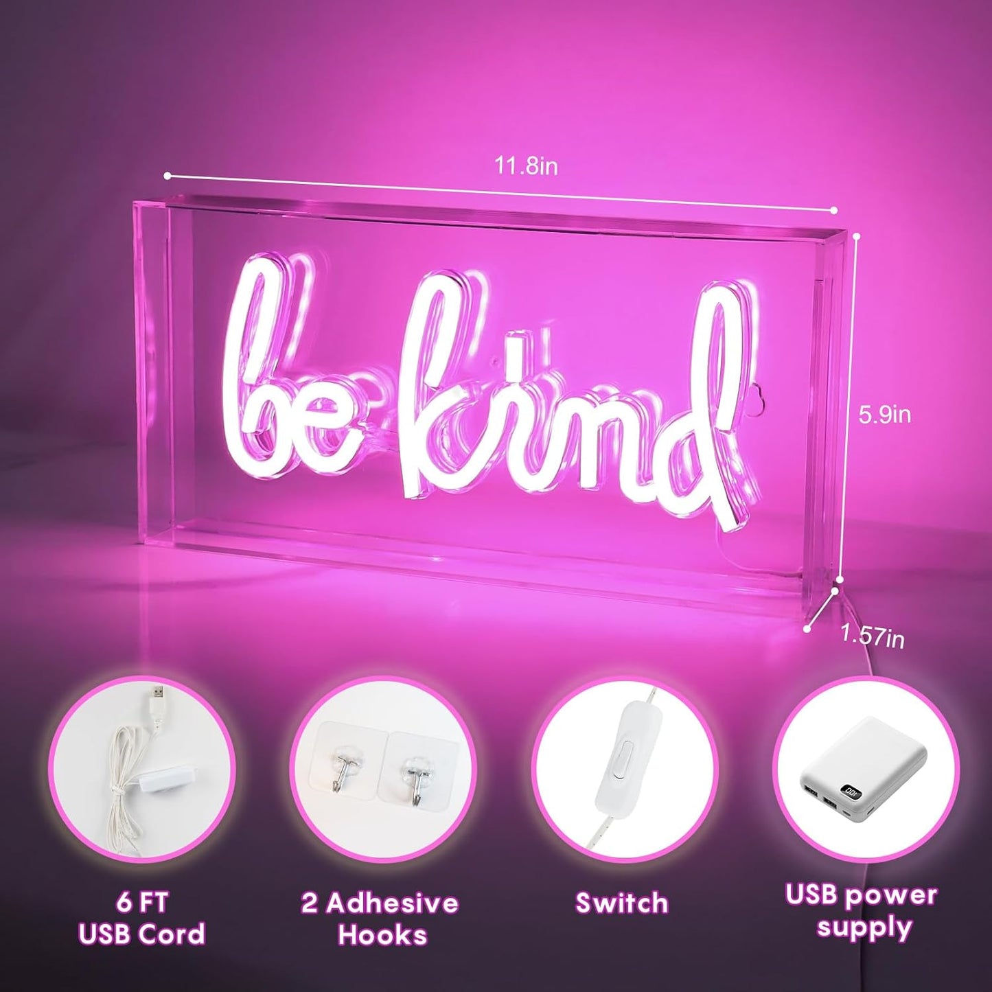 Be Kind Neon Sign, Desk Lightbox Be Kind Sign USB LED Neon with ON/OFF Switch, 3D Neon Light up Sign For Girls' Room, Bedroom, Pub, Hotel, Beach, Cocktail Bar, Christmas Gift Decor (Pink）