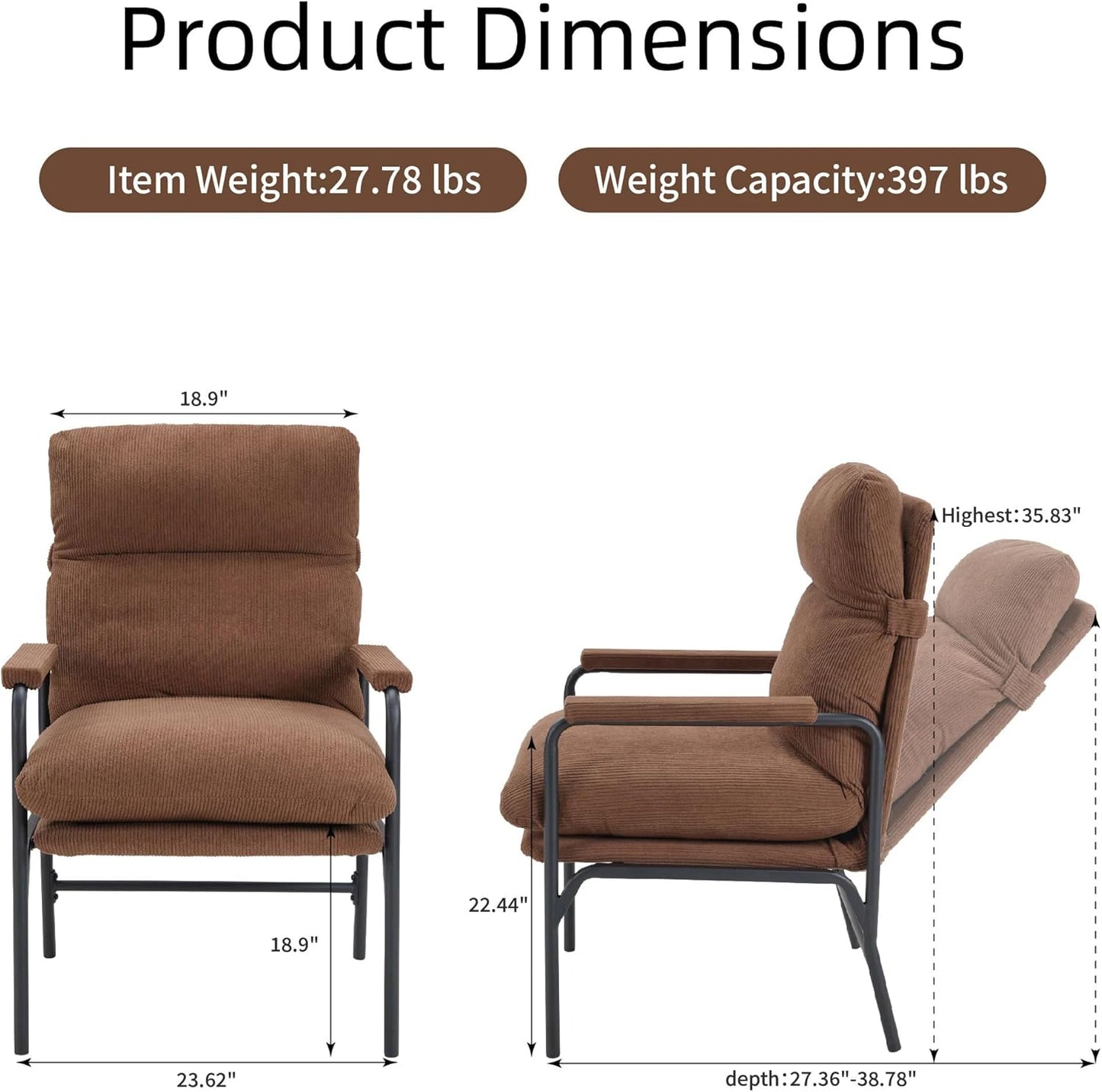 Modern Recliner Chair with Adjustable 3-Level Backrest & Removable Corduroy Cushions - 396 lbs Capacity Metal Frame Lounge Chair for Living Room, Bedroom, Office - Ergonomic Reading & Gaming Seat
