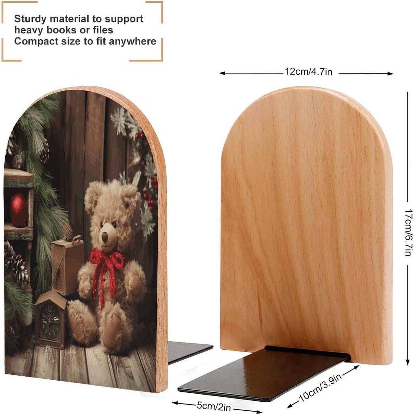 Xmas Tree Branch Bear Doll Bookend for Shelves Wooden Book End Large Size Sturdy Book Holders Stoppers with Metal Base for Bookshelves Slick Decorative Bookends Stands