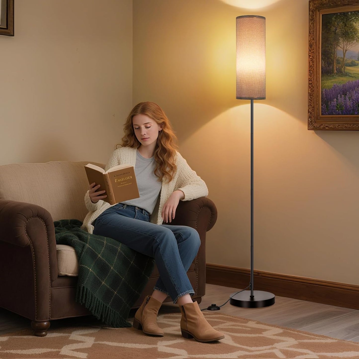 FRIDEKO HOME Grey Shade Floor Lamp, Simple Design with Foot Pedal Switch, Small Tall Lamps for Living Room Bedroom Office, Corner Floor Stand Light with Black Pole Lamp (No Bulb/No Remote)