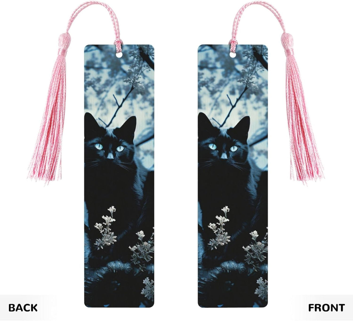 Black Cat on Tree Bookmarks Gifts for Women Men, Wooden Bookmarks for Book Lovers, Vintage Book Marks Ornaments with Tassel, Unique Personalized Reading Page Markers Pink