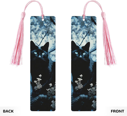 Black Cat on Tree Bookmarks Gifts for Women Men, Wooden Bookmarks for Book Lovers, Vintage Book Marks Ornaments with Tassel, Unique Personalized Reading Page Markers Pink