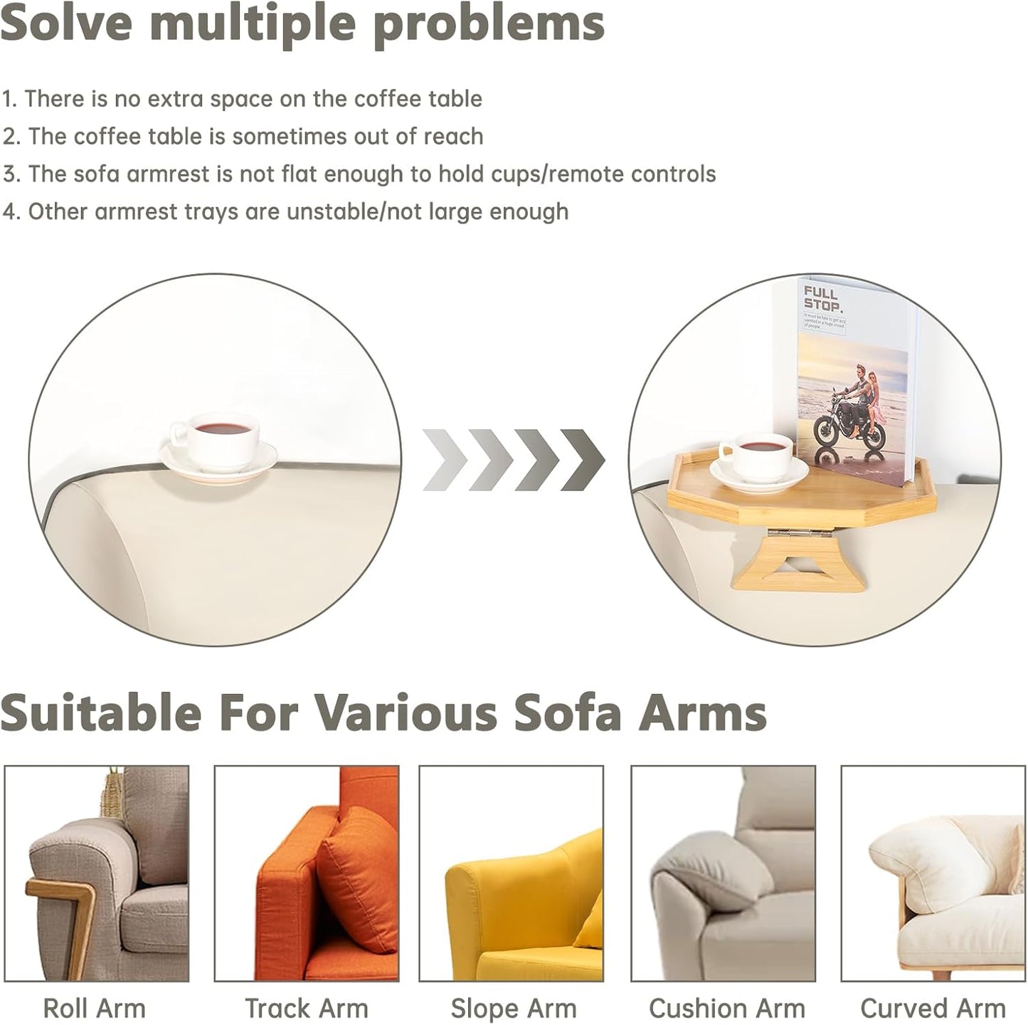 Couch Arm Tray, Bamboo Sofa Tray Table Clip on Side Table, Foldable Couch Arm Table for Eating, Drinks, Snacks, Remote, Control as Housewarmings, Wedding, Bridal Shower Gifts