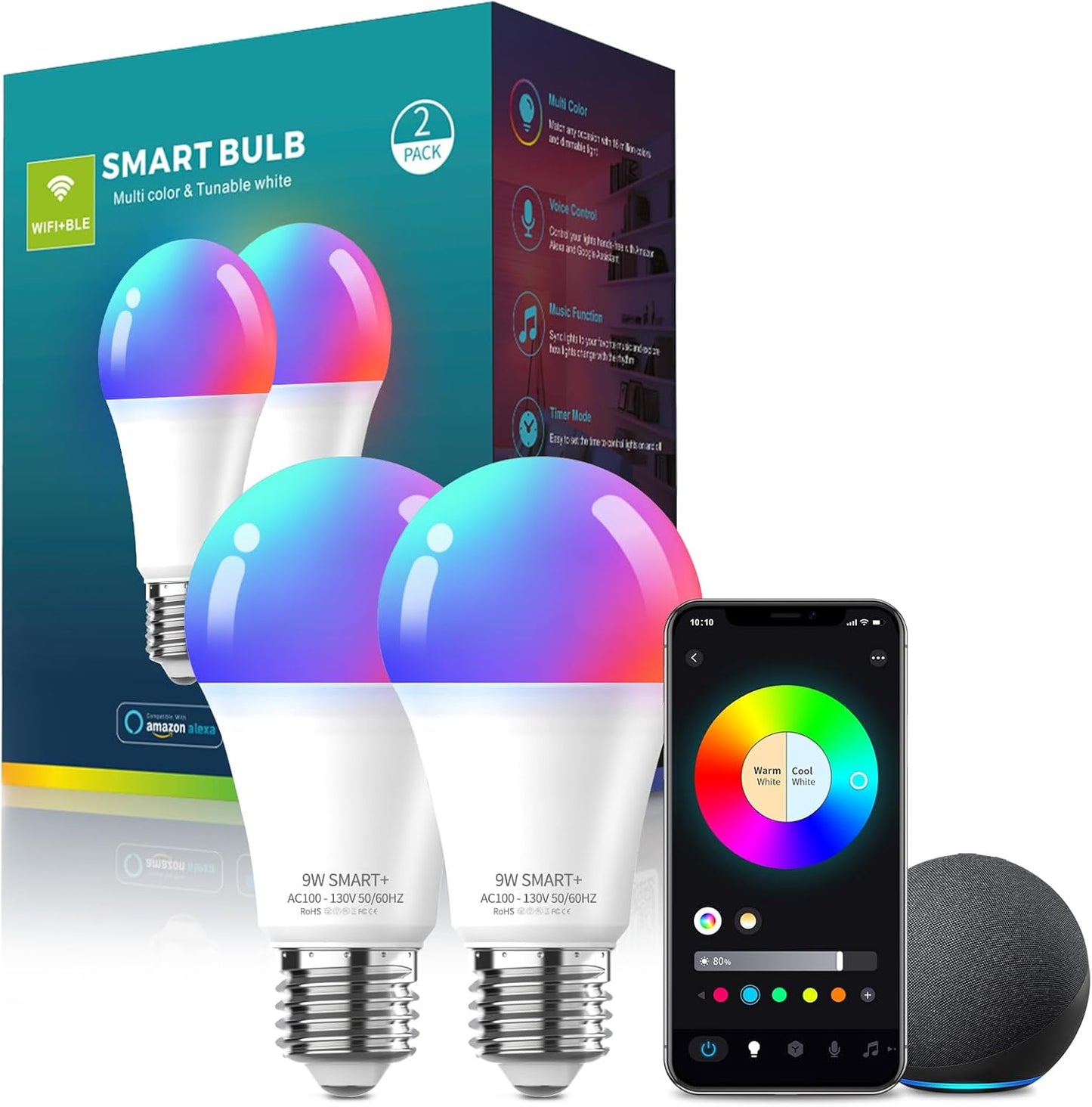 Meliya LED Smart Light Bulbs, Color Changing Dimmable & Timing Smart WiFi and Bluetooth Bulb, Compatible with Alexa and Google Assistant, RGBWW A19, 9W 800 Lumens, Music Sync, Voice Control (2 Pack)