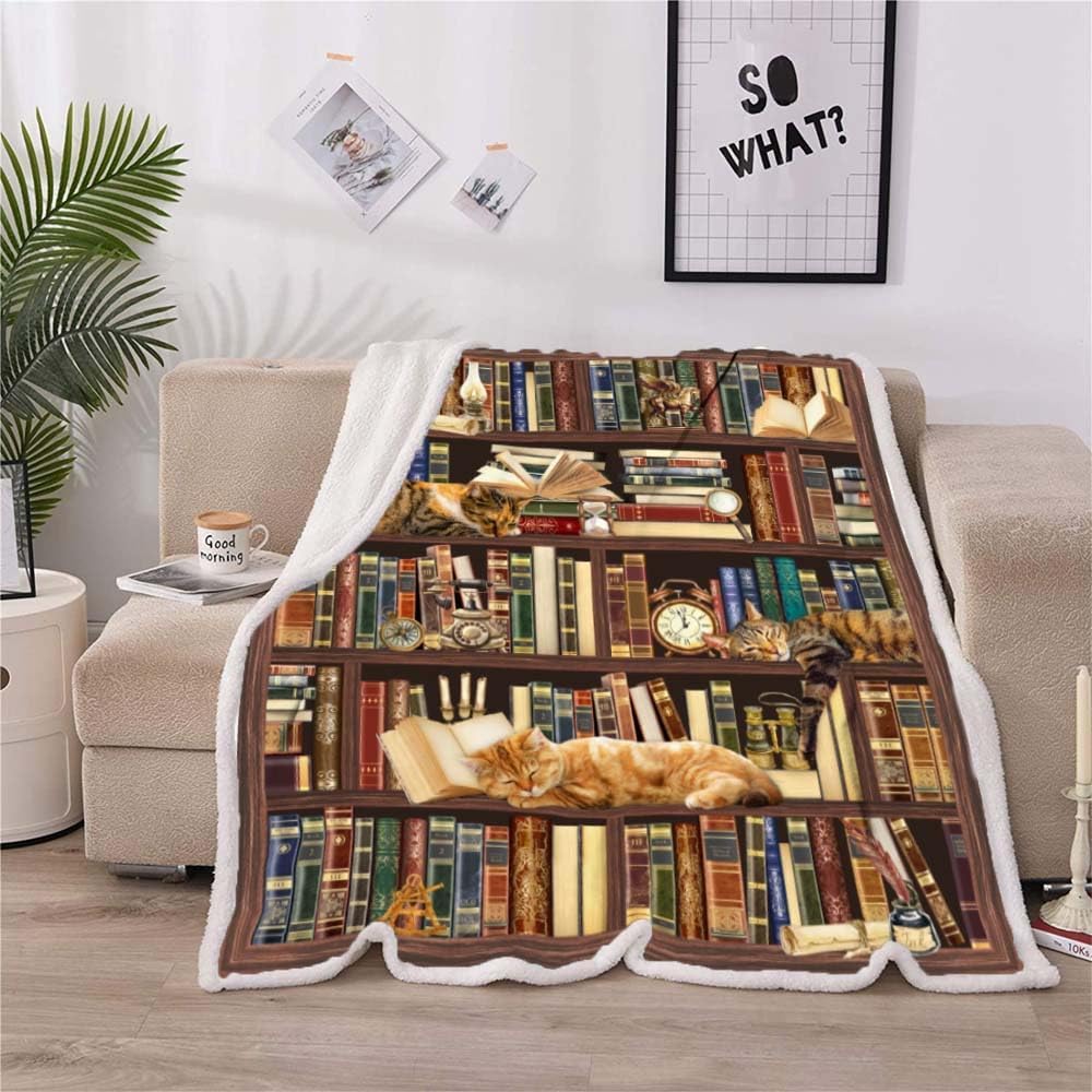 Book Lovers Gifts Reading Blanket,Gifts for Book Lovers Women,Librarian Gifts Throw Blanket,Literary Gifts Ideas,Best Bookworm Gifts,Best Gifts for Bookworm,Cat Soft Throw Blanket 50"x60"