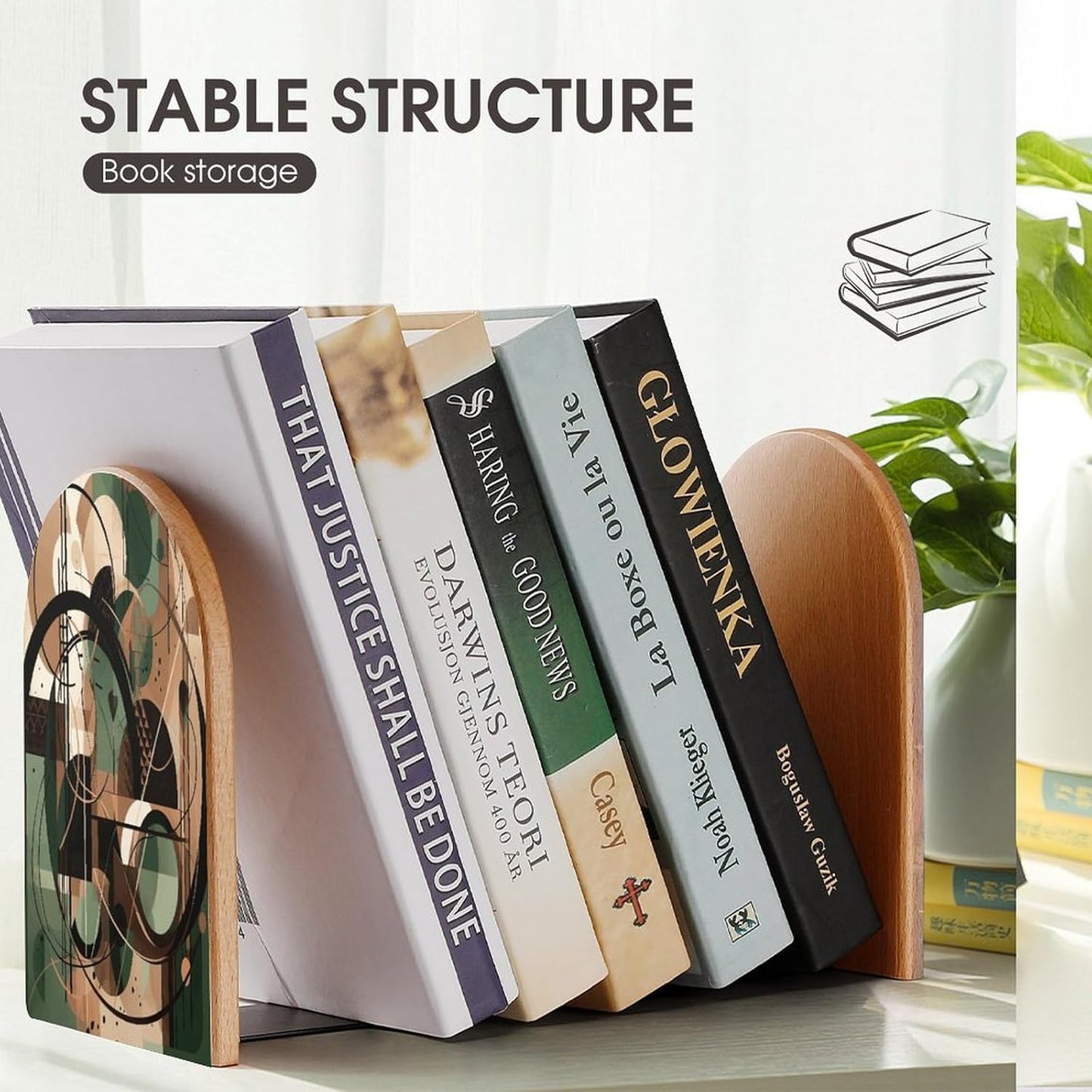 Green Circle Pattern Bookend for Shelves Wooden Book End Large Size Sturdy Book Holders Stoppers with Metal Base for Bookshelves Slick Decorative Bookends Stands