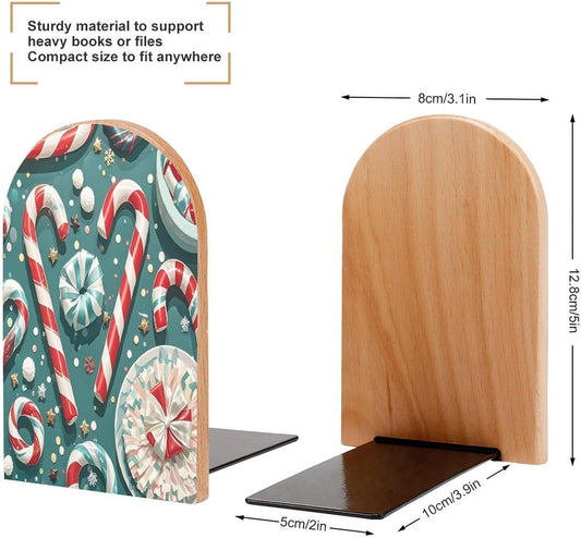 Christmas Candy Cane Bookends 1 Pair Heavy Duty Book Ends for Shelves Non-Skid Bookend Supports Wooden Book Holders with Metal Base Desk Organizers Books Storage to Hold Books