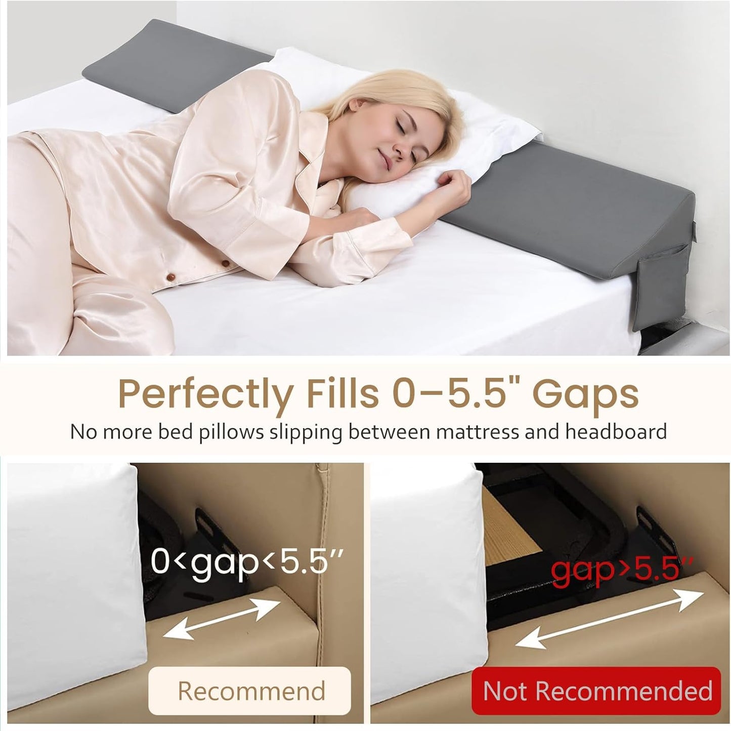 Vekkia Queen Bed Wedge Pillow for Headboard Gap Filler (0–5.5"), Prevents Pillows & Items from Falling, High-Density Foam Mattress Gap Filler with Pockets, Removable Cover, Gray, 60"x10"x6.5"