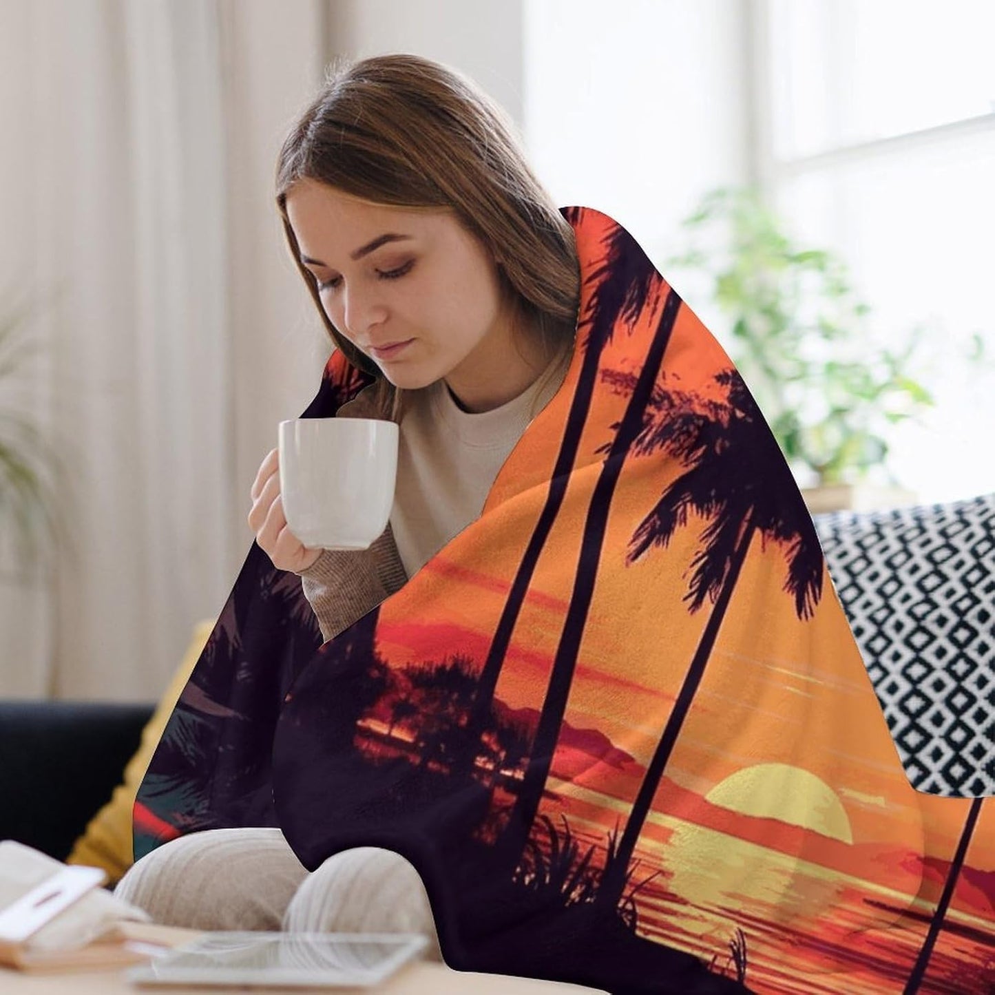 Palm Tree Summer Sunset Blanket Super Soft Lightweight Throw Blanket Cute Cozy Warm Bed Blanket Decorative Fuzzy Blanket All-Season Home Decor Gift for Sofa Couch Living Room 50"*60"（130 * 150cm）