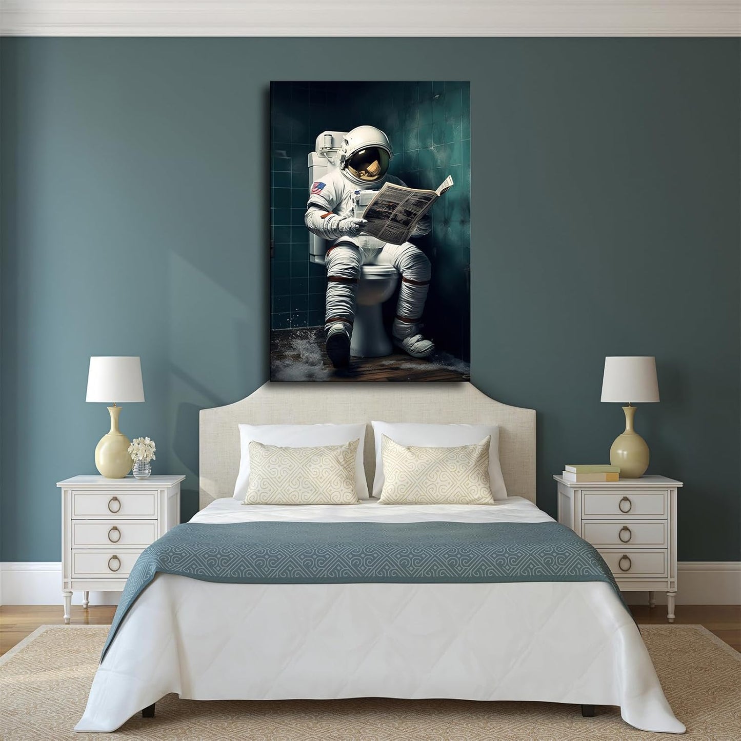 NikkOh Astronaut Reading Newspaper on Toilet Poster Canvas Painting Wall Art Hanging Picture Gift Bedroom Home Aesthetic Decoration (Framed,12×18inch)